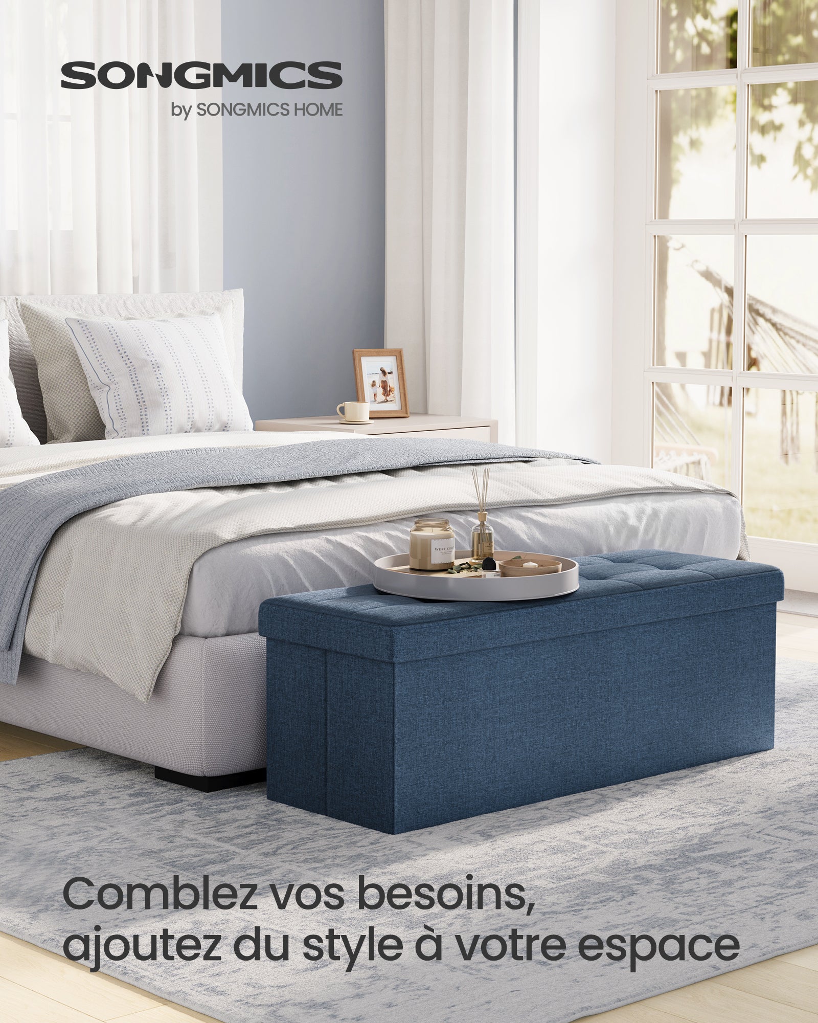 Banc de Rangement Pliable de 110 cm, Coffre de Rangement, Tabouret Repose-Pieds, Pouf de Chambre, Bleu Nuit - 2