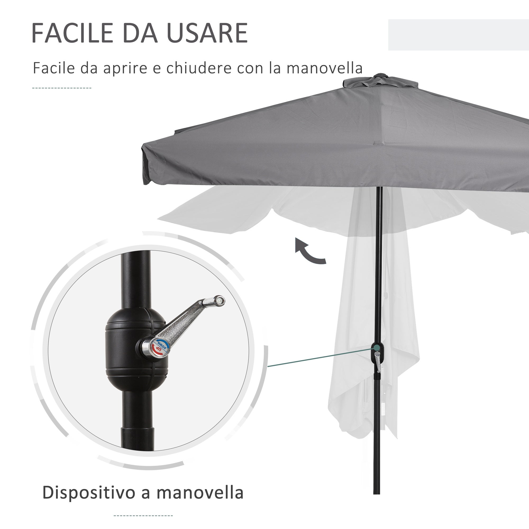 Parasol demi-cercle mural 2,5x2,3 m manivelle, gris - 6