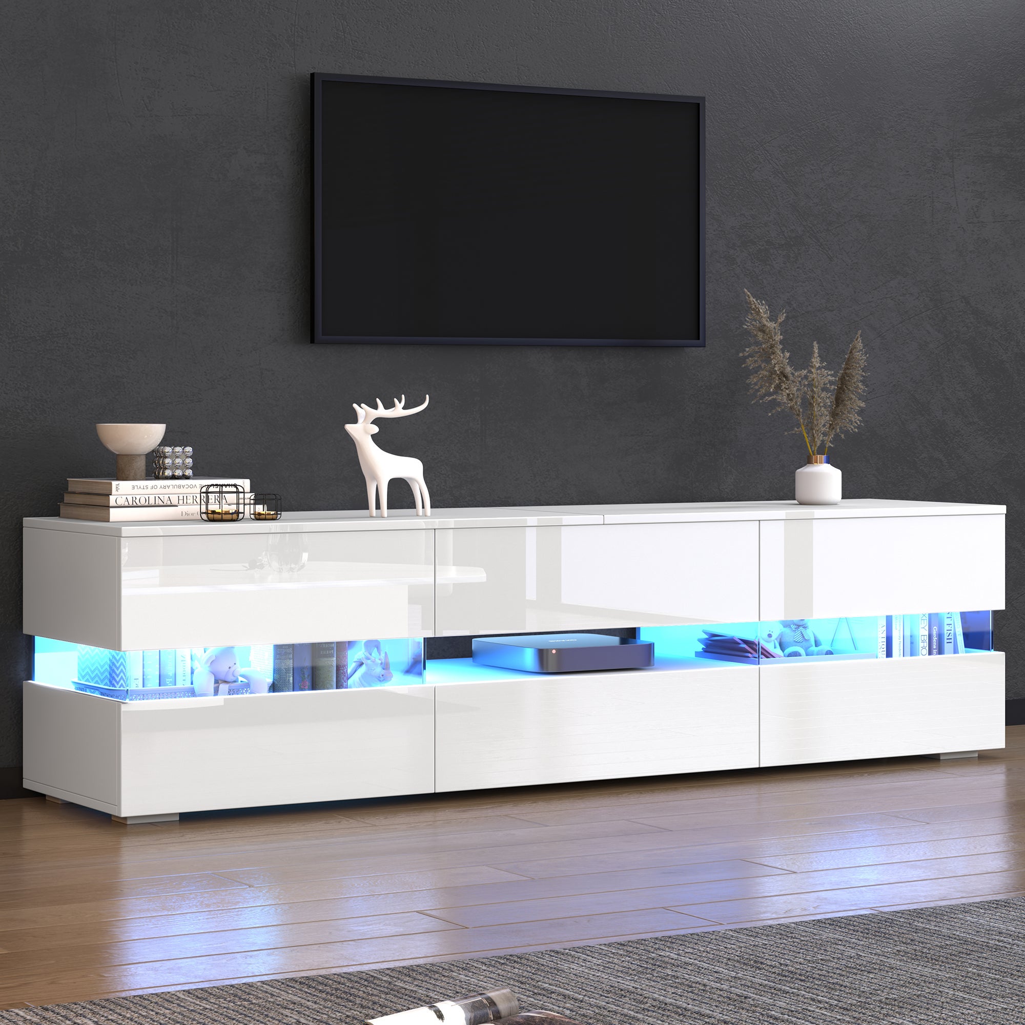 Meuble TV avec 2 portes, 2 tiroirs, compartiment ouvert - 160 x 39 x 45 cm - Panneau de particules - LEDs - Blanc brillant - 2