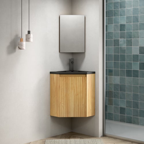 Meuble vasque d’angle suspendu 38 cm avec vasque intégrée en résine noire mate, armoire triangulaire à une porte, finition bois naturel - 8