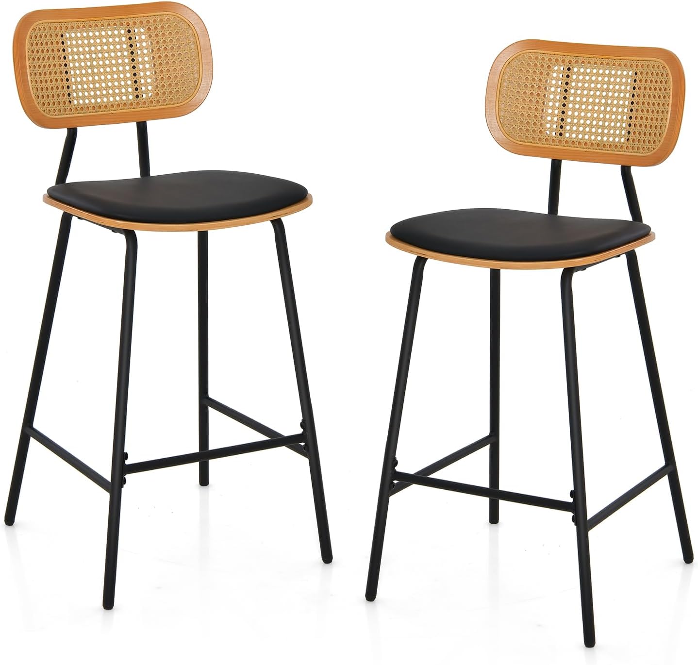 Zestaw 2 Stołków Barowych z Oparciem z Rattanu, Metalowymi Nogami, Krzesłami do Jadalni z Wygiętym Siedziskiem z Tapicerką i 3-Stronnym Podnóżkiem