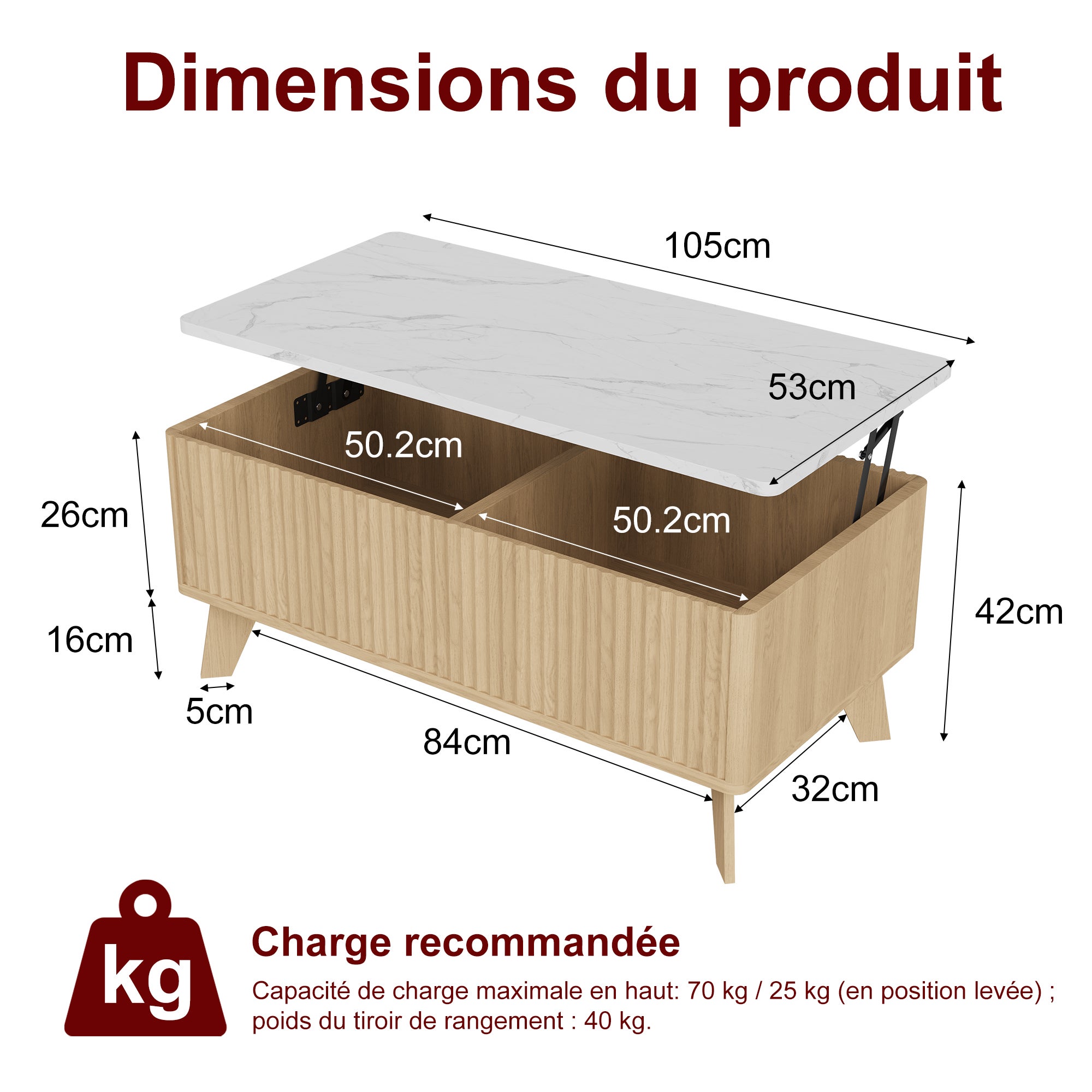 Table Basse Relevable 105x53x42cm, Style Scandinave, Table de Salon avec Comptoir Imitation Marbre et Pieds en Bois Massif, Naturel - 2