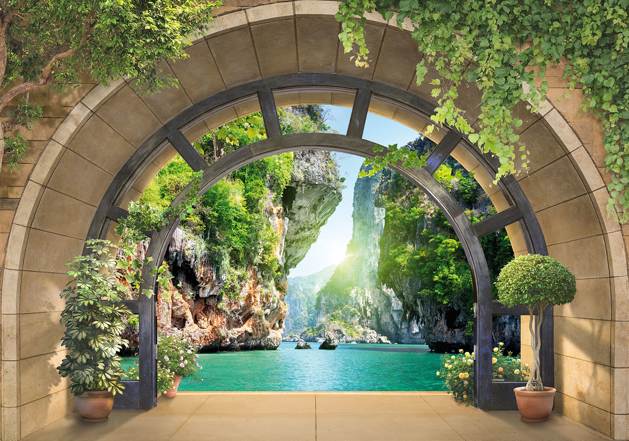 Papel pintado fotografia panorámica efecto 3d ventana cascada nature 368x254 cm - incluye cola - moderno salon dormitorio papel no tejido