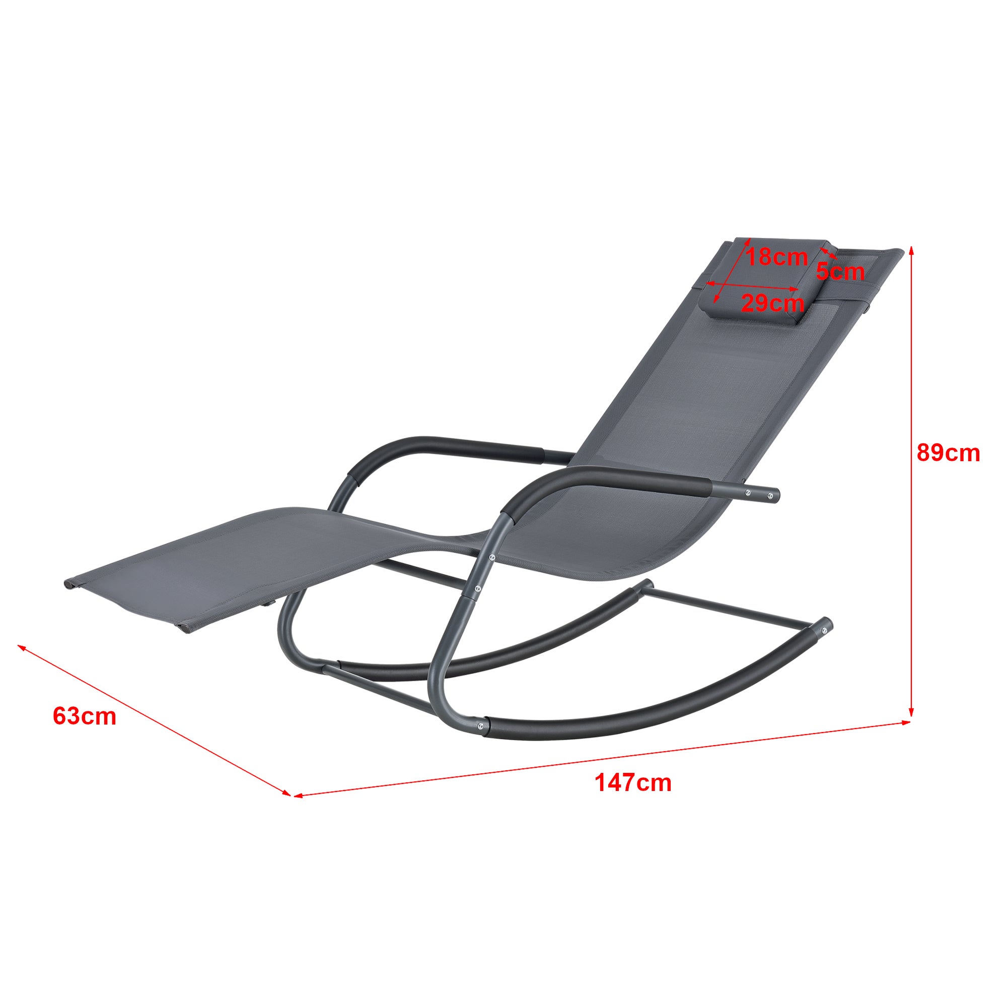 Set di 2 Lettini Prendisole a Dondolo con Cuscino Poggiatesta Rimovibile 2 Sedie a Sdraio Oscillante per Giardino/Balcone - Grigio Scuro - 2