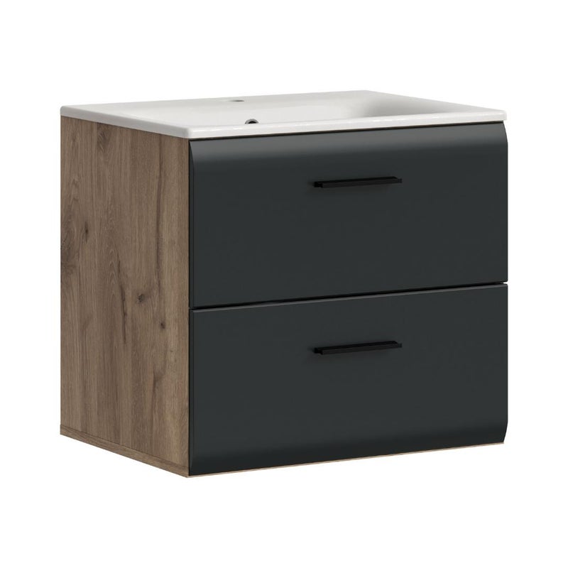 Ice szafka pod umywalkę w zestawie z umywalką 2 szuflady czarny mat, dąb dekor.