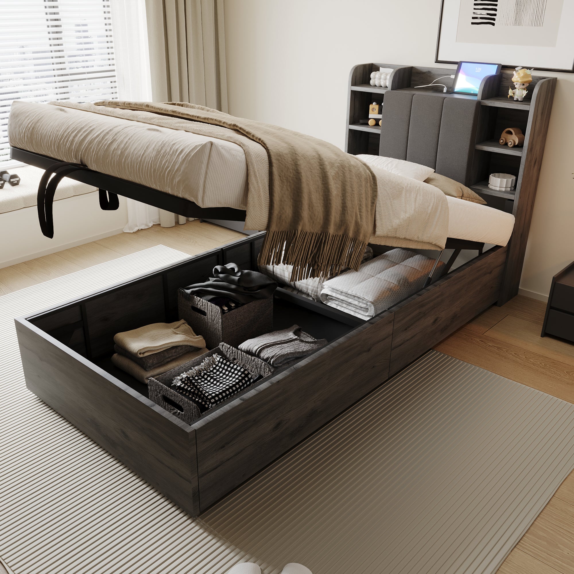 Lit 90x200 Cm Avec Tête De Lit Rangement Et Ports USB/Type-C – Hydraulique – Gris/Noir – Matelas Non Inclus