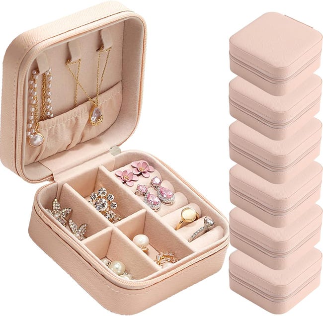 Mini joyero de viaje, caja portátil de cuero sintético para guardar pendientes, juego de 6, color rosa - 1