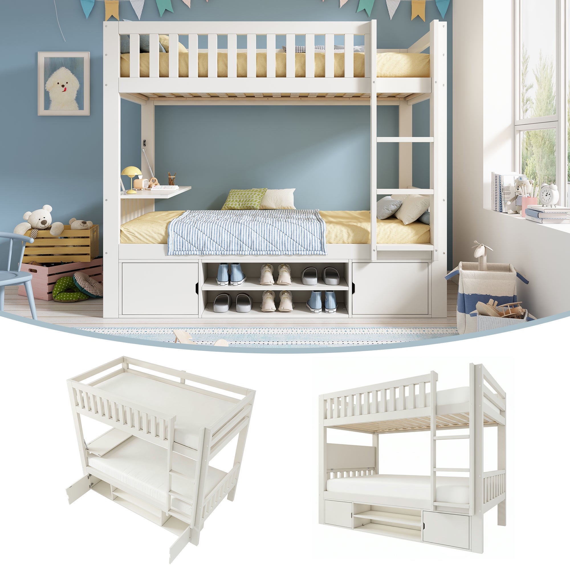 Łóżka piętrowe 2 x 90 x 200 cm z 2 drzwiami, schowkiem na buty i składaną półką - Sosna + MDF + sklejka - Białe (Materace nie są dołączone)