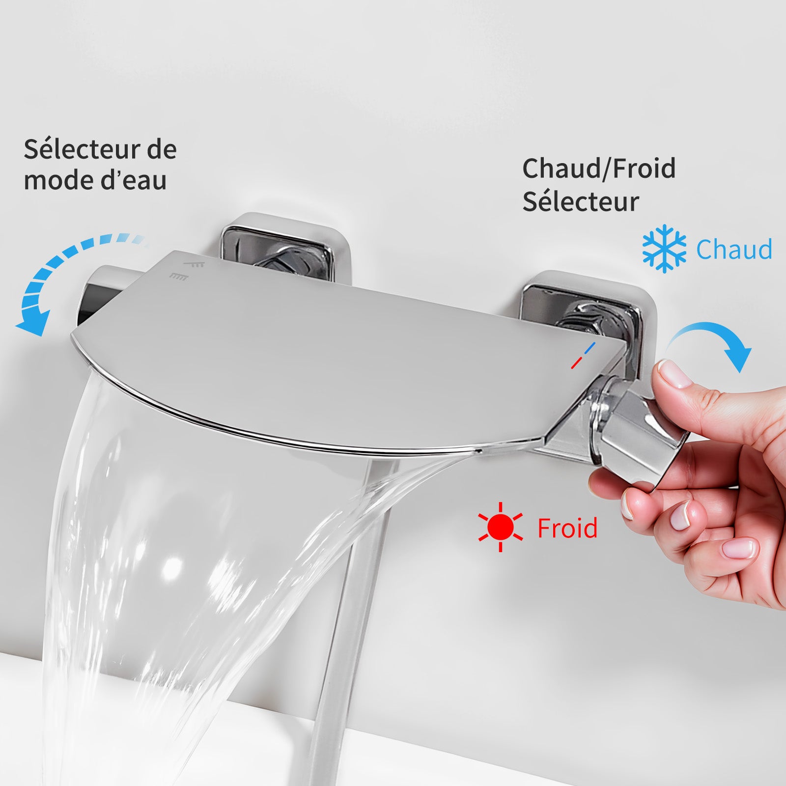 Mitigeur de Baignoire Cascade Extra-Large en Laiton avec Douchette 3+1 Modes et Étagère, Robinet Mural Chromé Grand Débit - 4