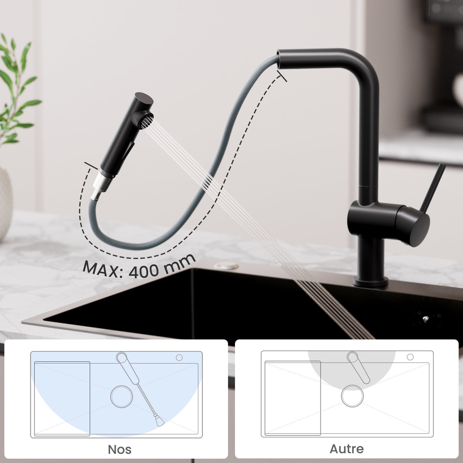 Noir Robinet Cuisine avec Douchette - Mitigeur Douchette d'évier Extractible à 2 Jets Mitigeur de Cuisine Pivotant à 360° - 2