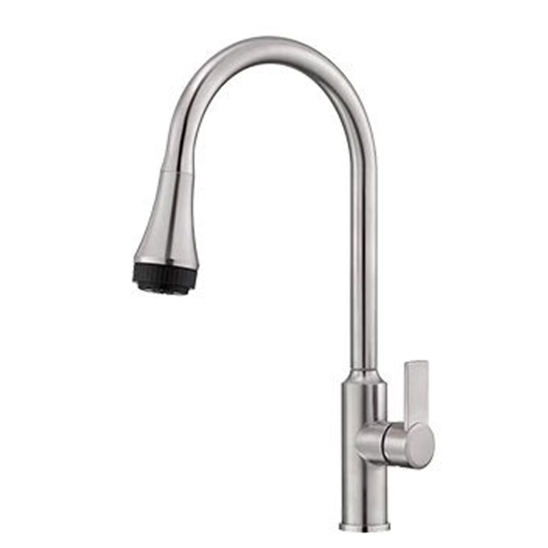 Bateria kuchenna ze stali nierdzewnej szczotkowanej, pokrętło regulacji trzech funkcji, obrotowa bateria z ciepłą i zimną wodą, odporna na zachlapanie