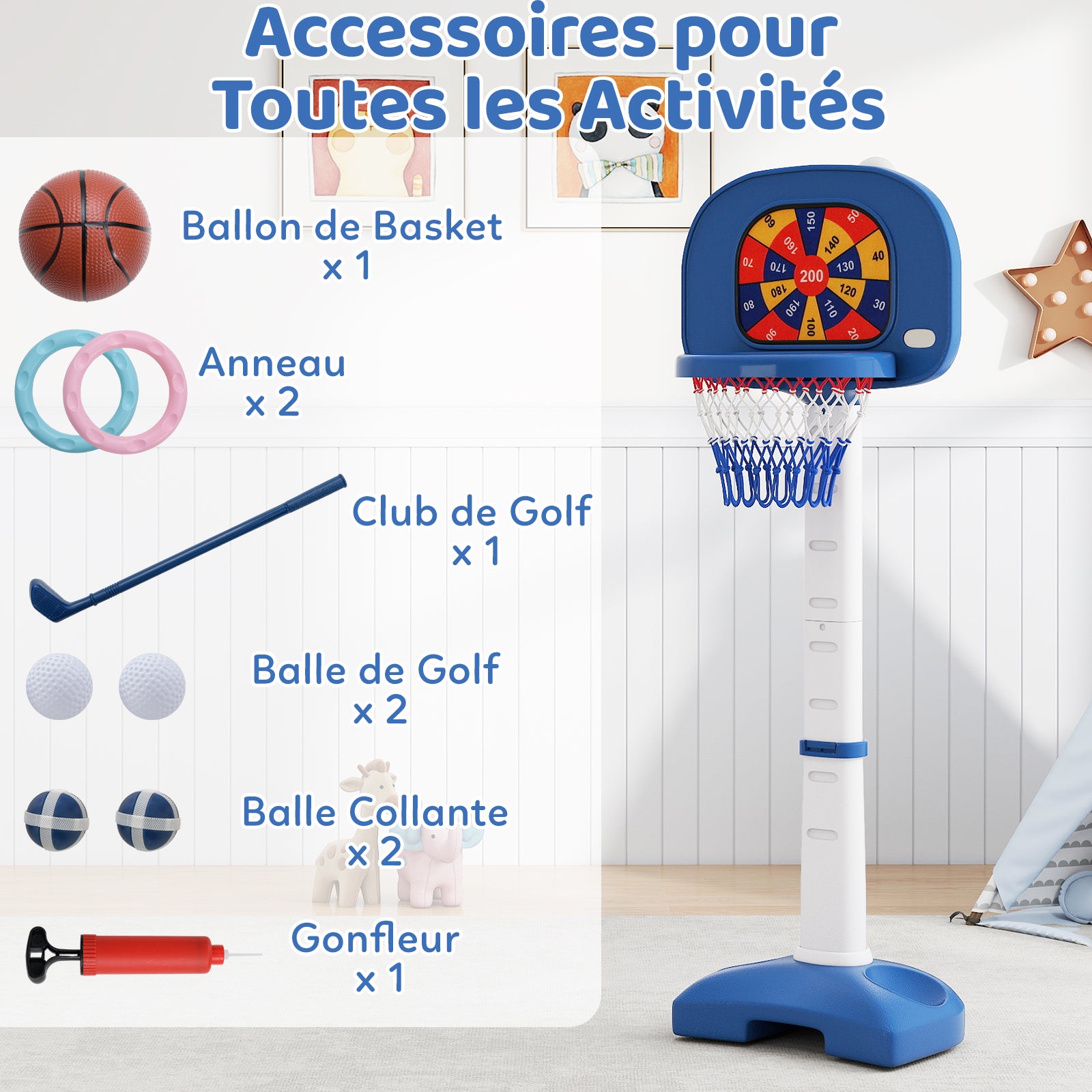 4 en 1 Panier de Basket-Ball Enfants avec Hauteur Réglable(111-146cm), Support de Basket-Ball en HDPE & Golf avec Accessoires Riches, pour 3 Ans+ - 5