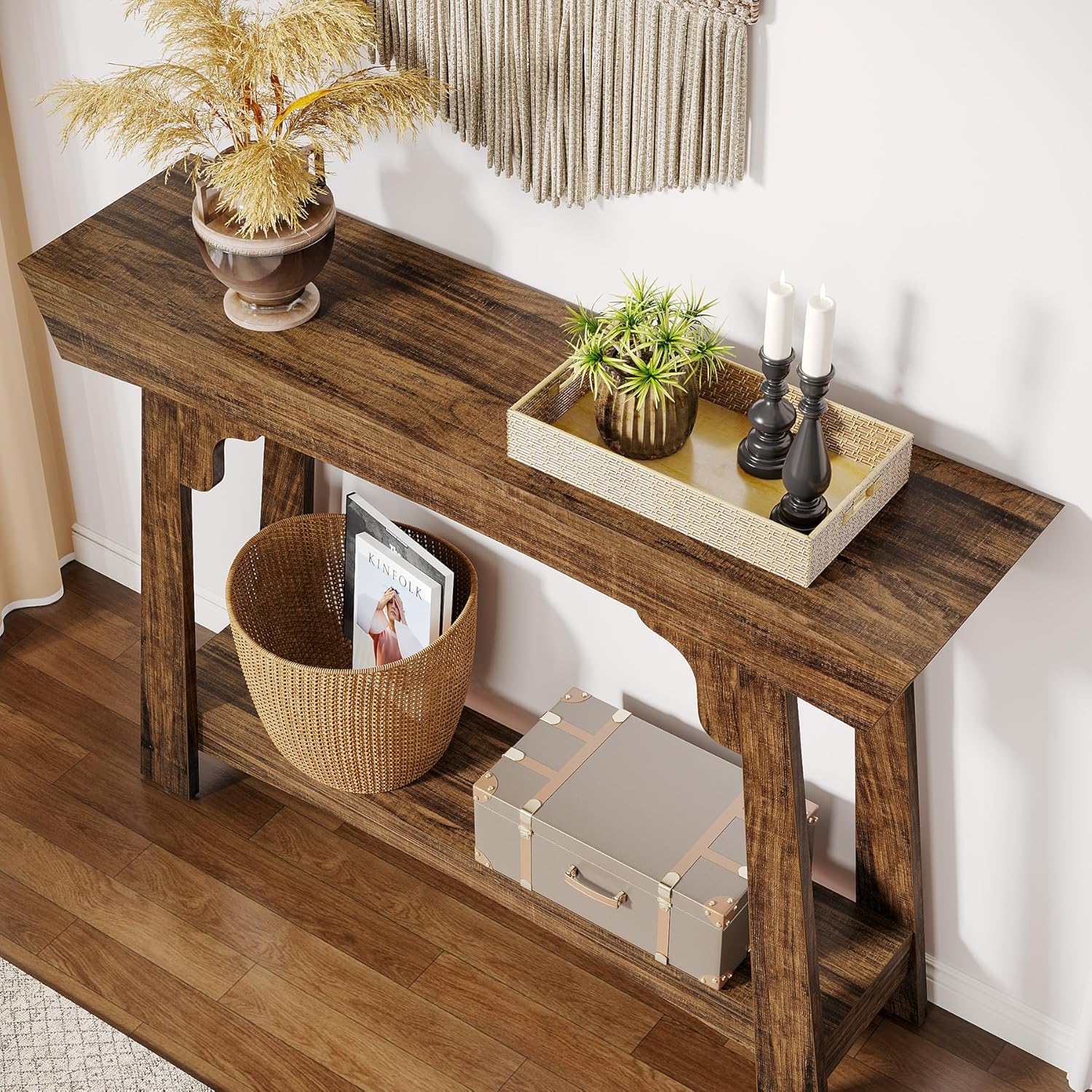 Console Tribesigns 105 cm avec rangement, table d'entrée en bois à 2 niveaux avec étagère, table de canapé étroite de style ferme derrière le canapé - 5