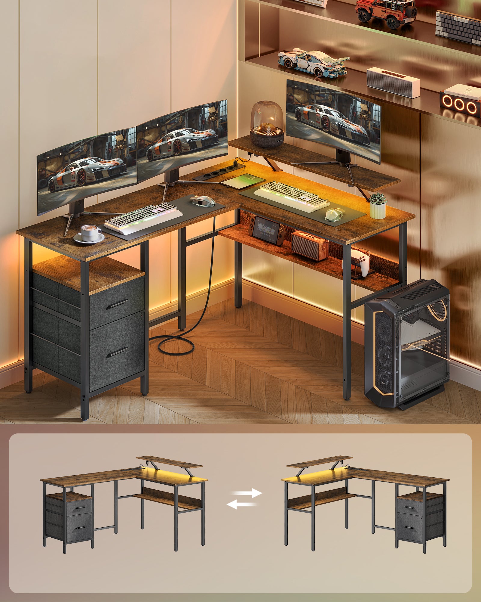 Bureau en L avec Multiprise, Bureau d'Angle, Bureau Informatique avec Rehausseur d’Écran, Bureau Gaming LED, 2 Tiroirs, 2 Ports USB, Marron Rustique - 2