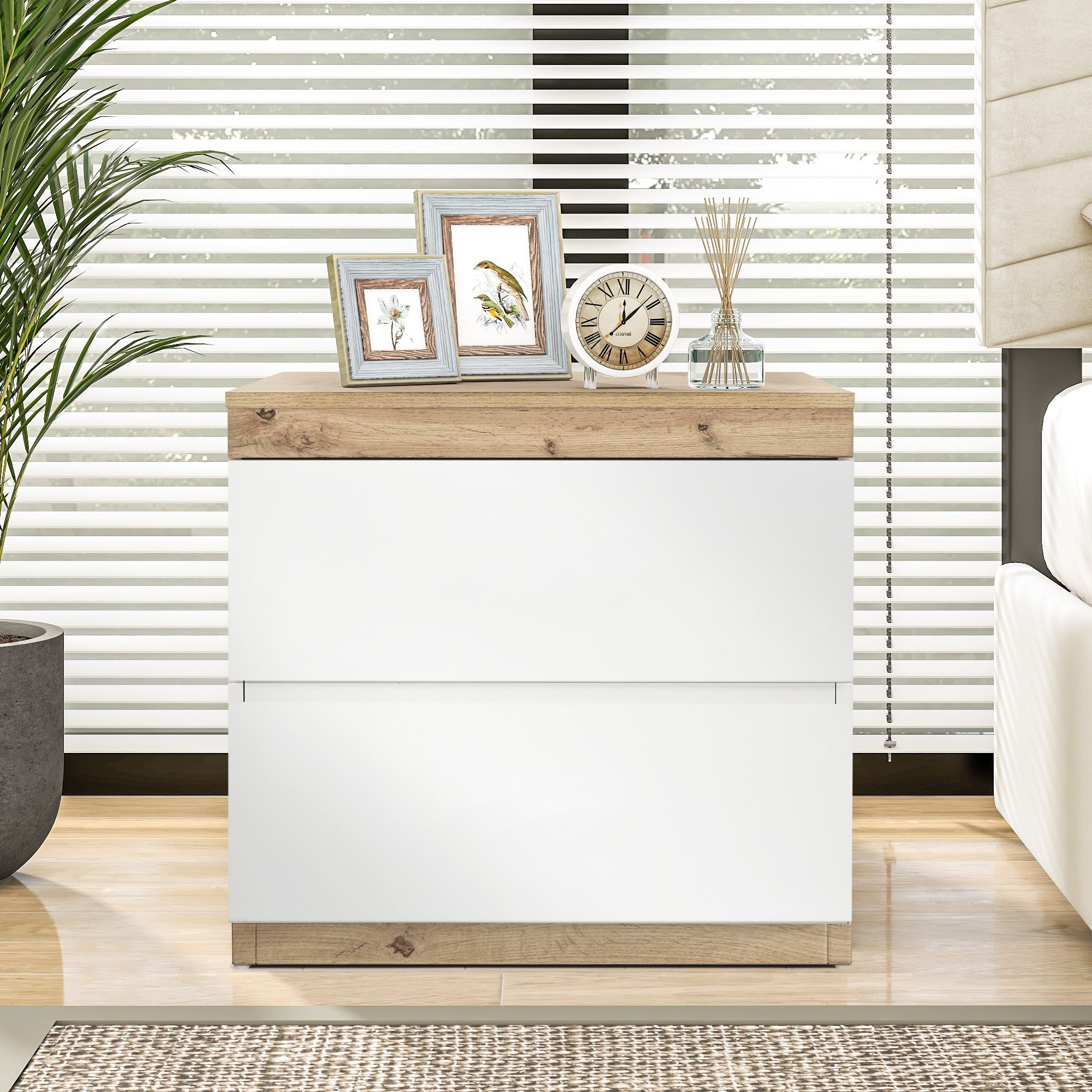 Stolik nocny z 2 szufladami - 55 x 40 x 55 cm - płyta wiórowa E1 - biały + dąb