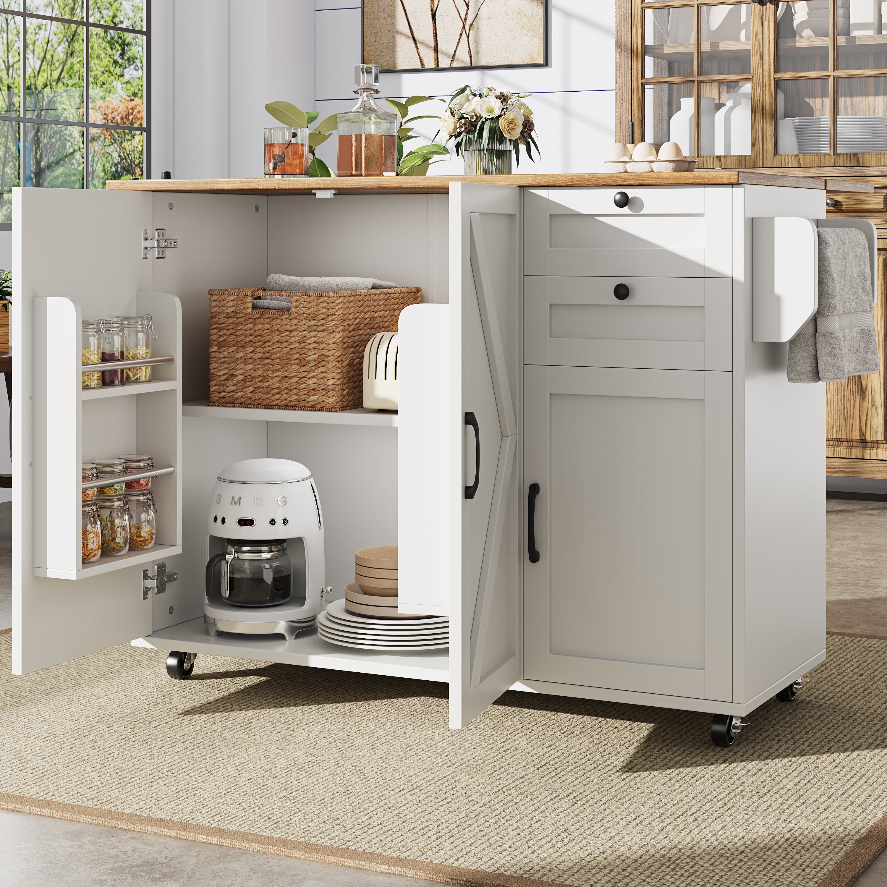 Îlot De Cuisine Avec Plan De Travail Et Prises électriques - Chariot Multifonction Pliable, Rangement Tiroirs