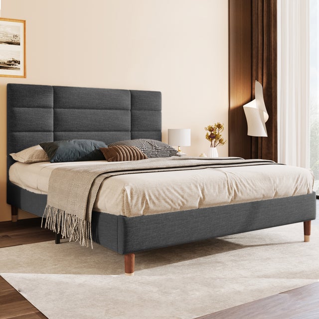 Letto matrimoniale 140x200 cm - letto imbottito in lino con rete a doghe e testiera - Grigio