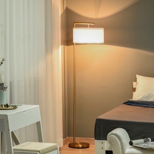 Nowoczesna lampa podłogowa E27 ze złotego metalu z białym lnianym abażurem, 153 cm do salonu i sypialni