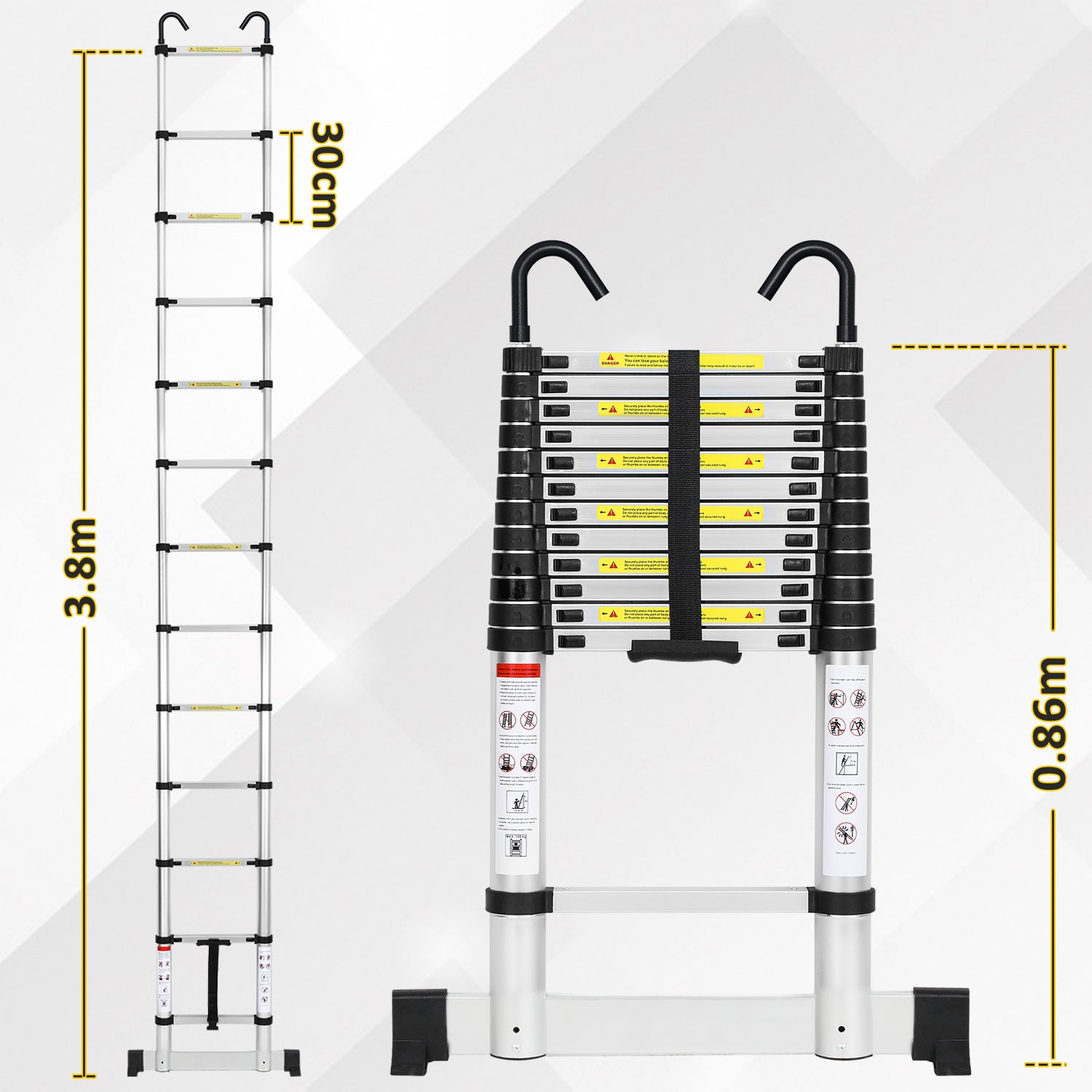 Escabeau echelle telescopiquePremium 3,8m argentée avec stabilisateur et crochets Stable - 2