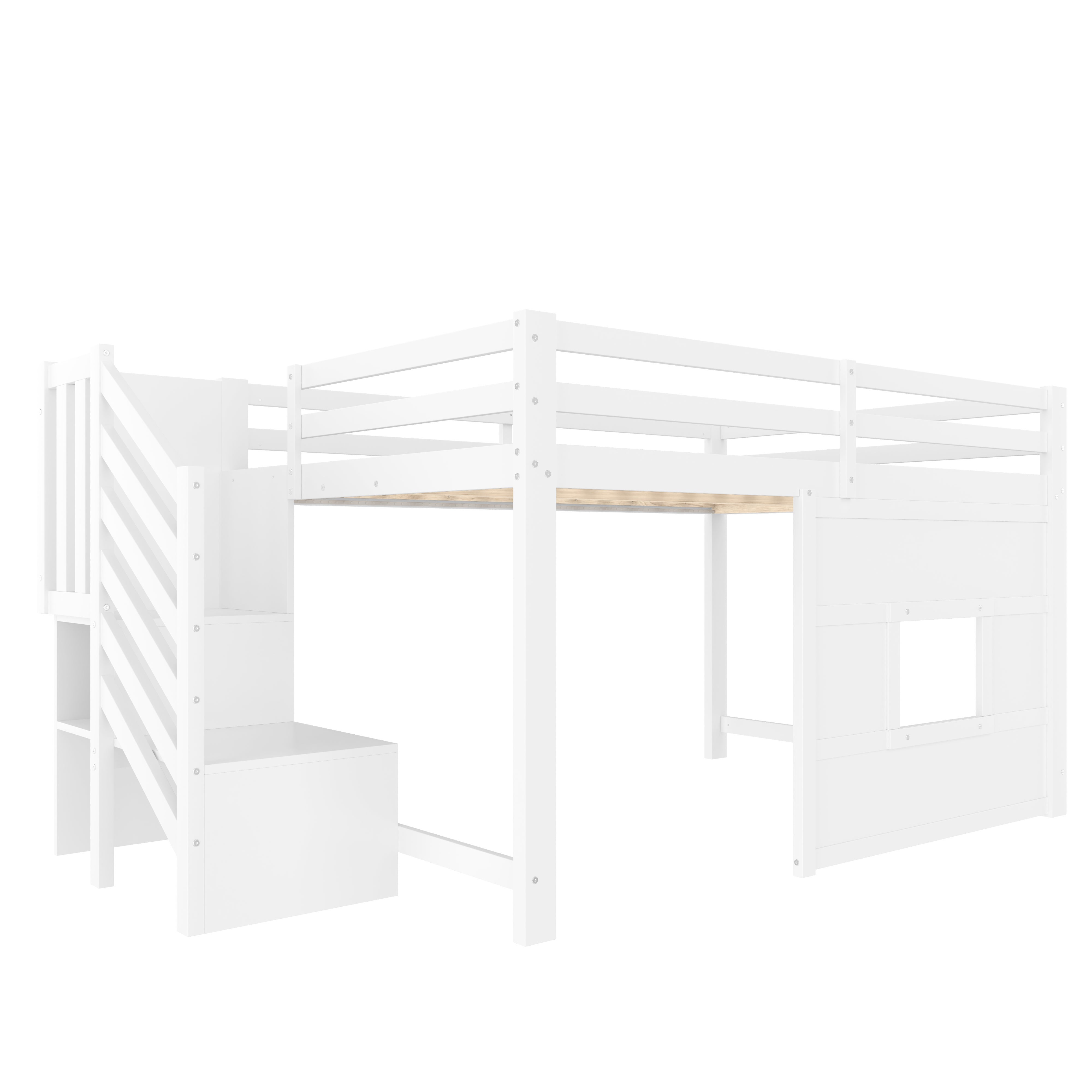Łóżko piętrowe 140x200 cm - Z drabinką i oknem - Z oświetleniem LED - Barierka zabezpieczająca - MDF - Białe - 5