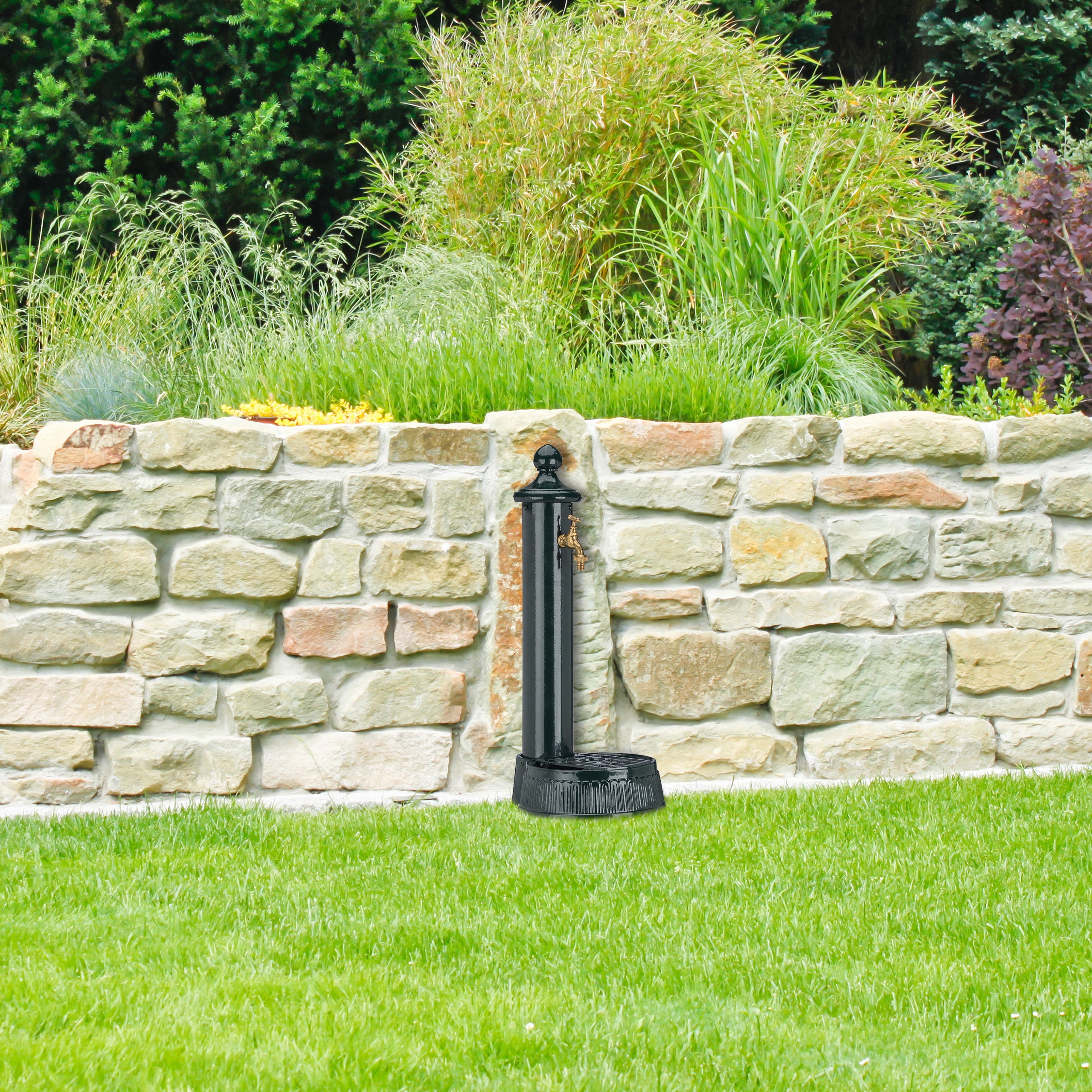Fontana a Colonna, Giardino, Terrazza, Stile Antico, Rubinetto, Vaschetta, HLP: 61 x 25 x 31 cm, Verde Scuro, Relaxdays - 2