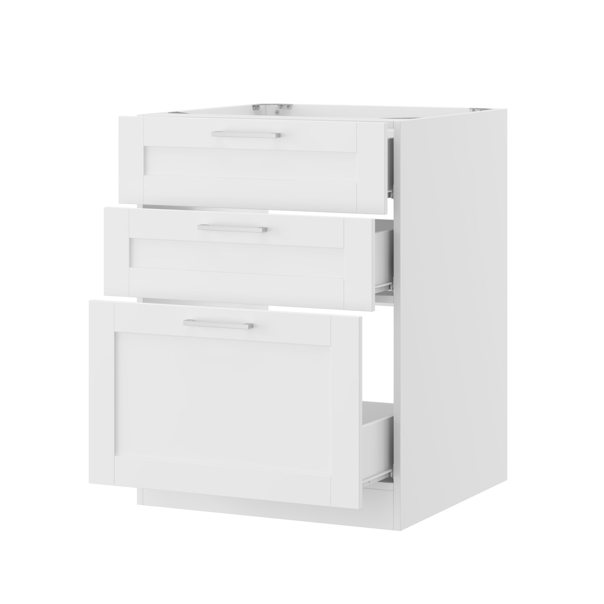 Meuble Bas de Cuisine sans PT, Élément Bas de Cuisine avec 3 Tiroirs et Poignée Argentée, 60 x 61.5 x 81.5cm, Blanc - 2