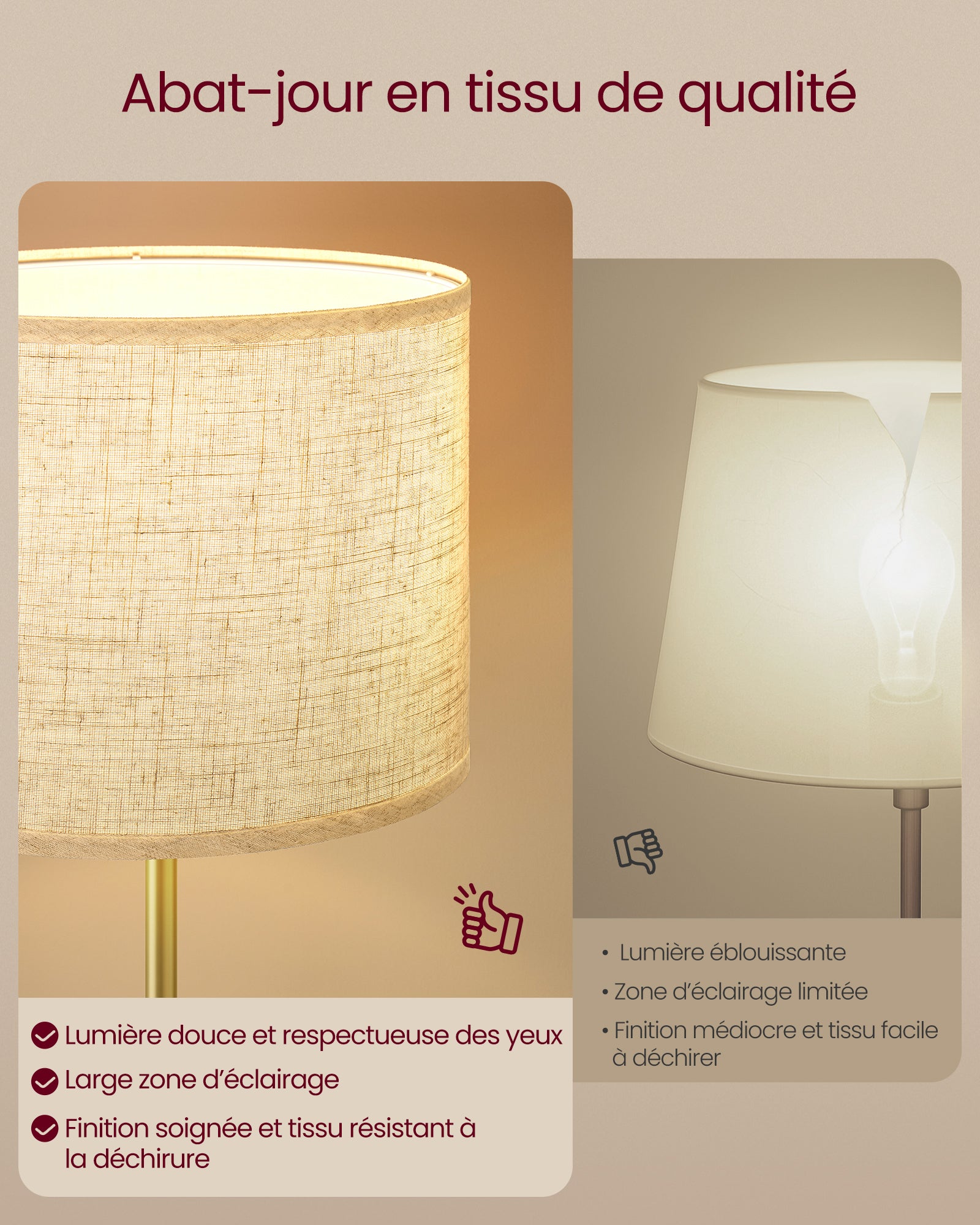 VASAGLE Lampe sur Pied, Hauteur Réglable de 140 à 170 cm, Abat-Jour en Tissu, Douille E27, Doré et Noir - 6