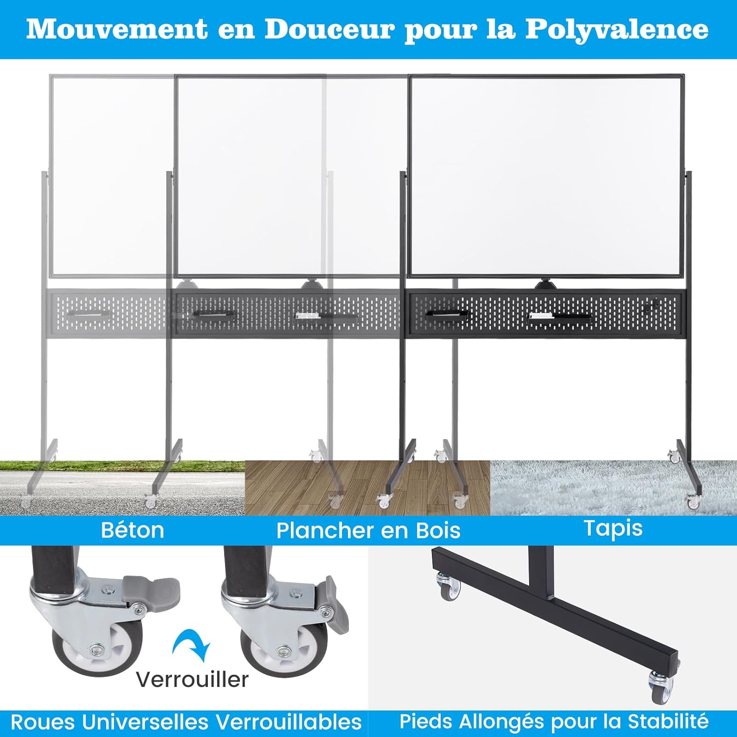 Tableau Blanc Effacable sur Pied 120 x 90 cm, Double Face, Tableau Blanc Roulette, 2 Hauteur Réglables, Cadre en Métal, Panneau Perforé(Noir) - 4