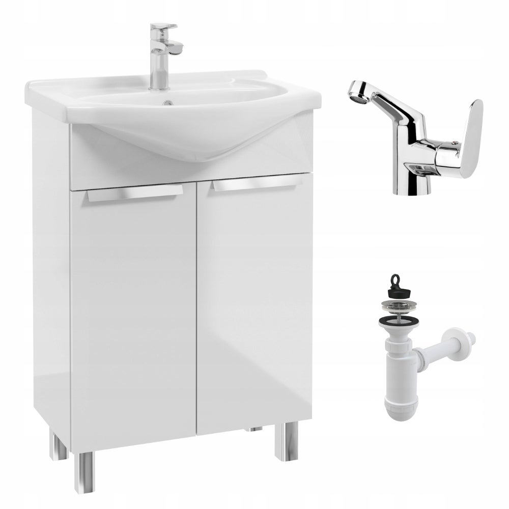 Szafka Łazienkowa Biała z Umywalką 60 Stojąca Połysk Bateria Chrom Boczna