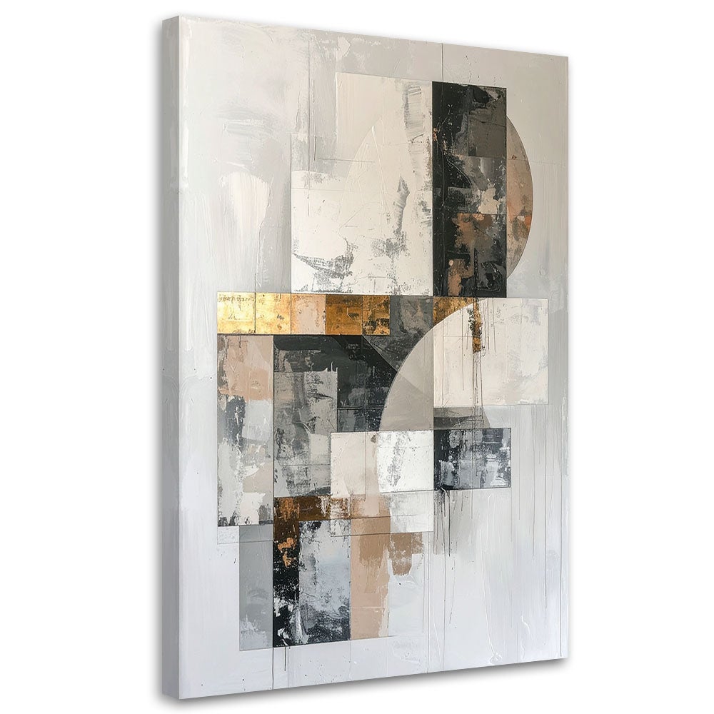 Obraz do salonu, Abstrakcja geometryczna w bieli szarości beżu i złotych akcentach 60x90