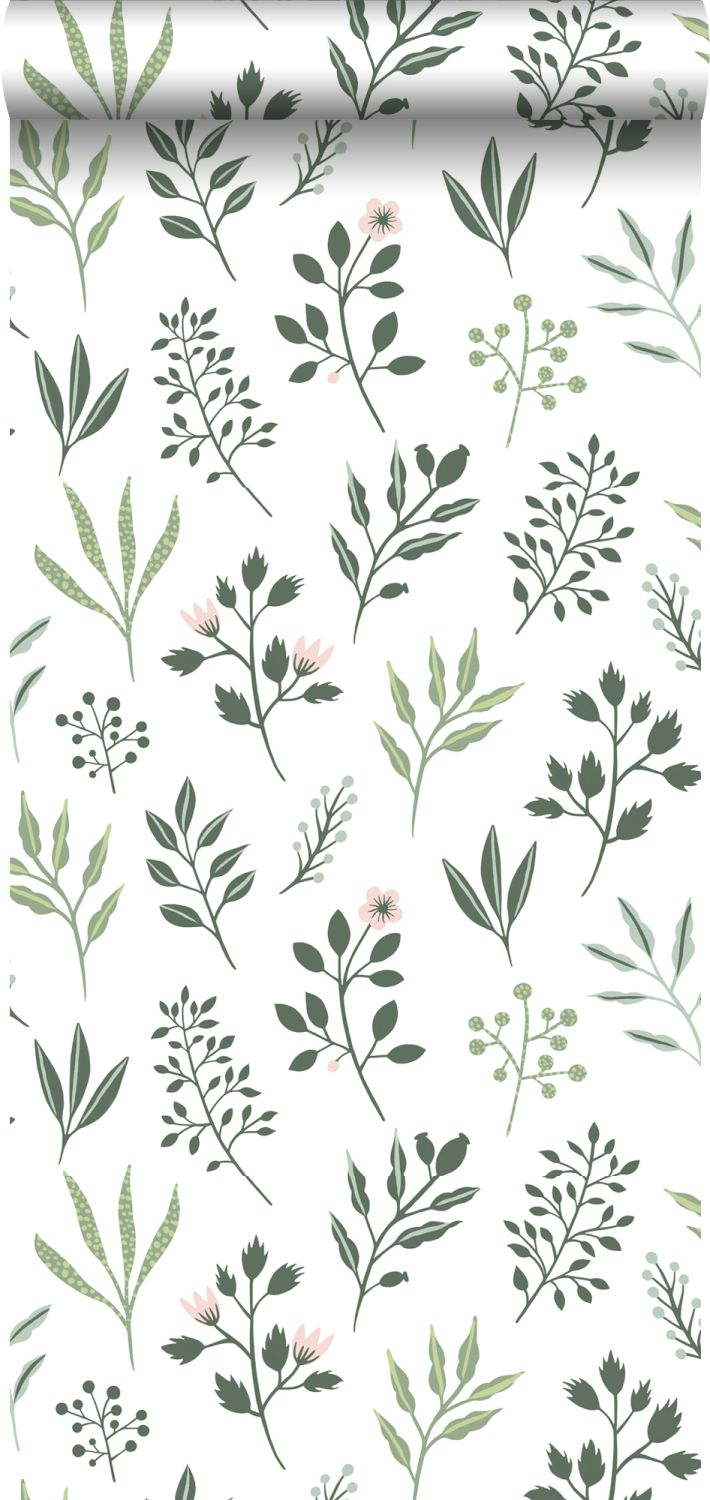 Papel pintado diseño floral en estilo escandinavo blanco y verde grisáceo - 0,53 x 10,05 m - estahome