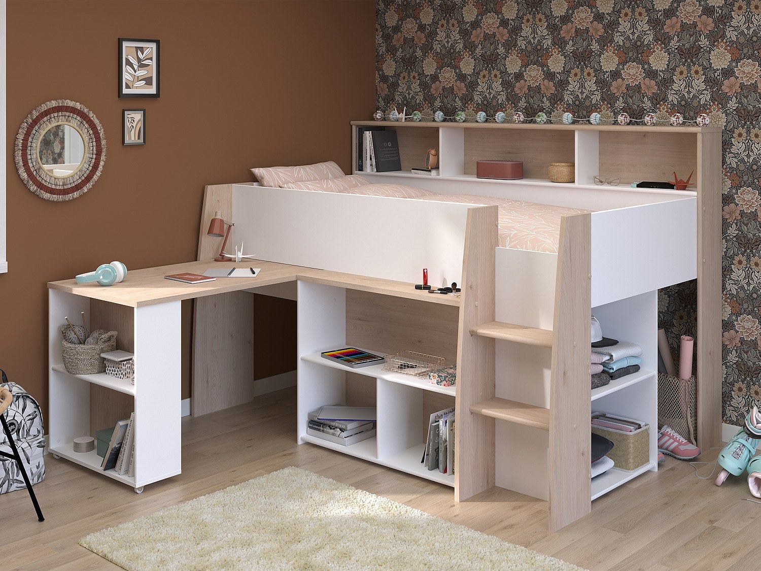 Łóżko piętrowe 90 x 200 cm z biurkiem i schowkami - Biały i naturalny + Materac - APOLINO