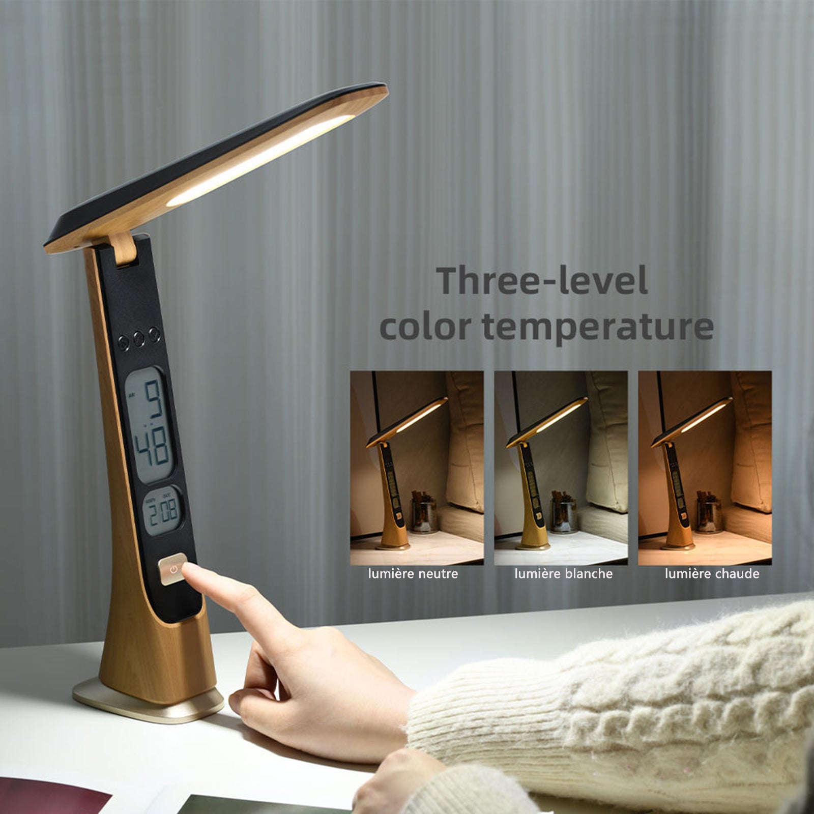 NICOLA Lampe de bureau pliable, lampe de bureau tactile avec affichage de l'horloge et du calendrier, 3 modes de couleur et luminosité réglable - 2
