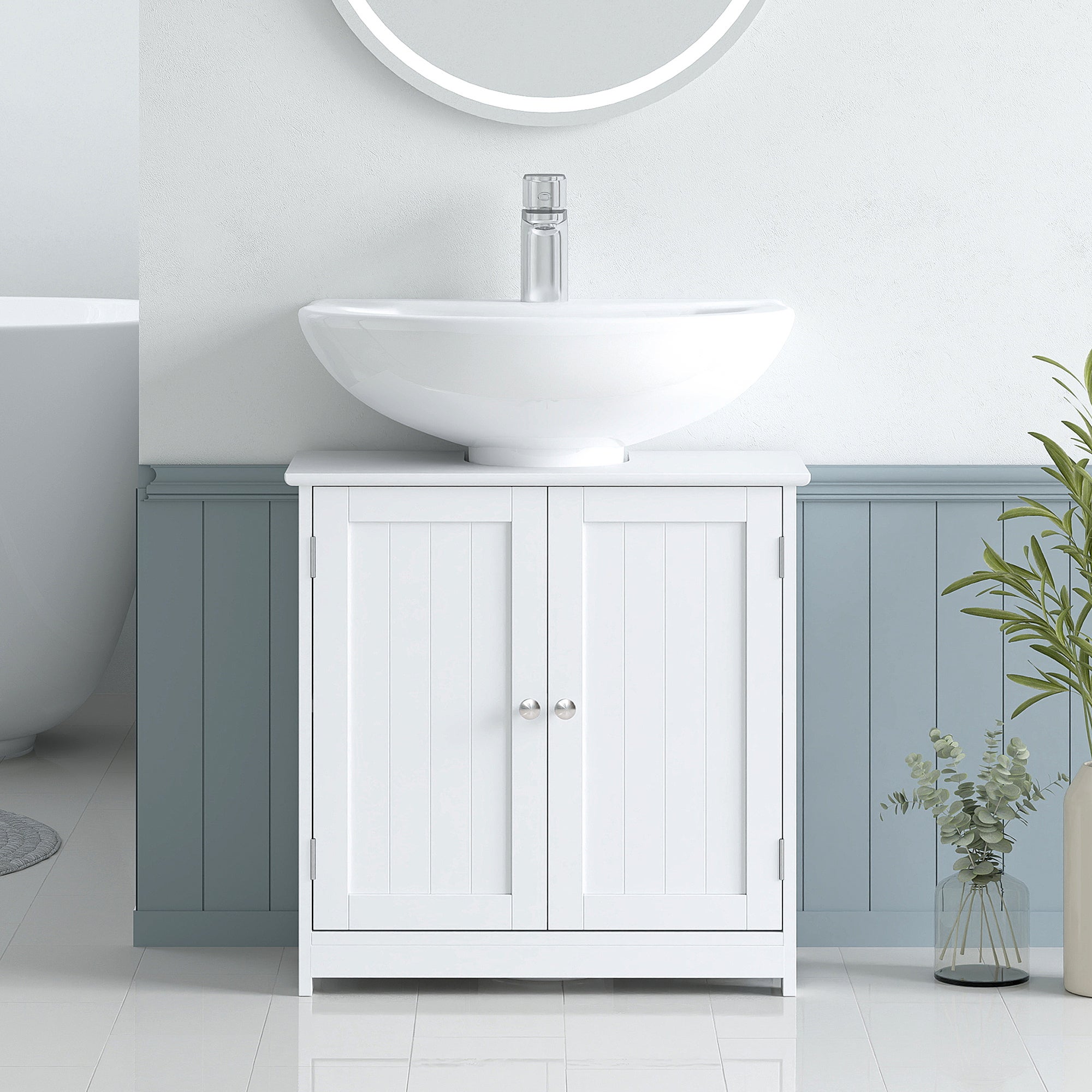 Meuble salle de bain sous lavabo - meuble sous-vasque - placard 2 portes avec étagère - dim. 60L x 30l x 60H cm - en bois blanc - 4