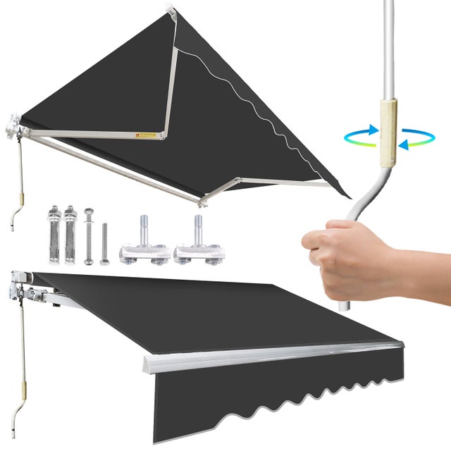Toldo manual cinza para exterior, 300 x 250 cm, articulado, para varanda, terraço e jardim. Proteção solar.