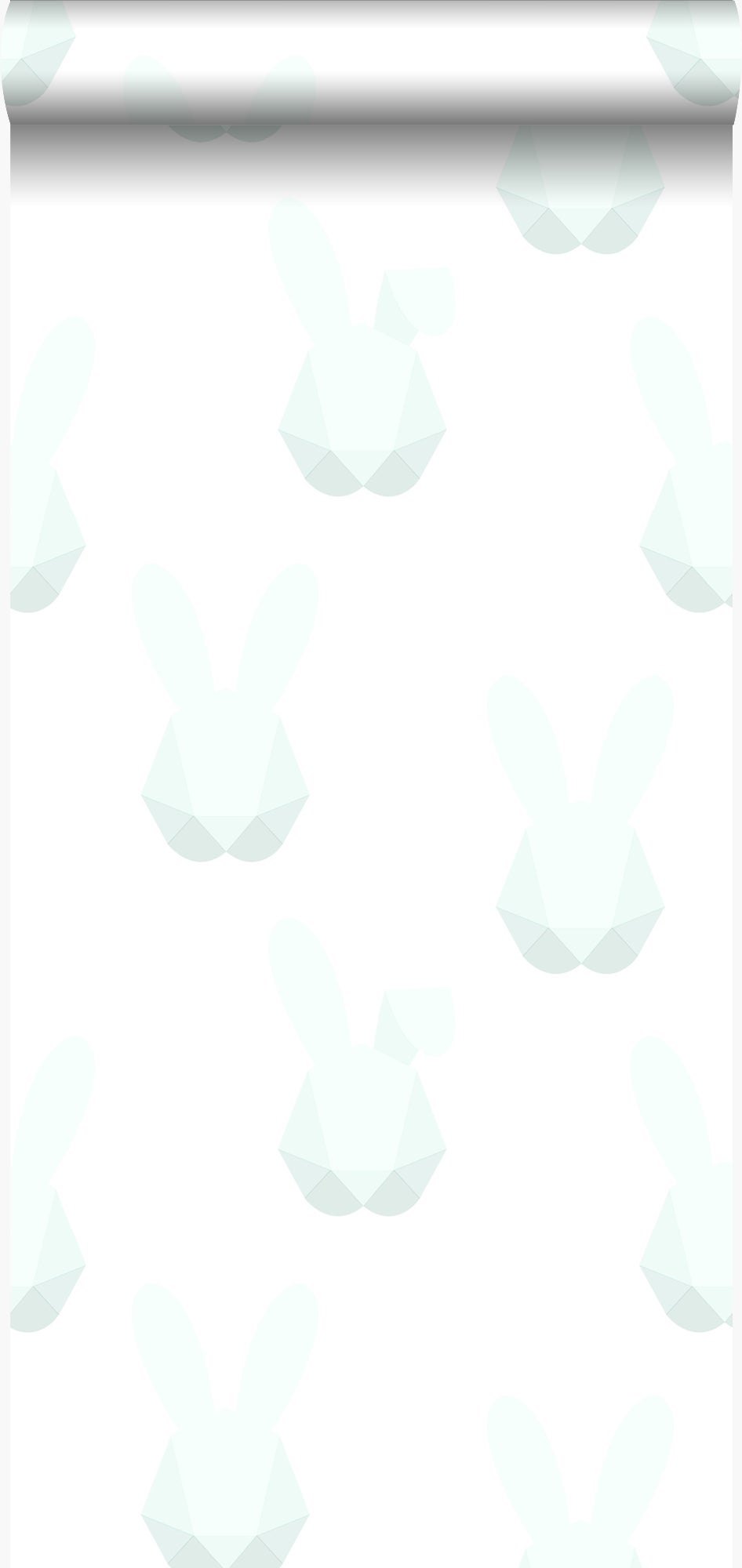 Tapeta króliki origami białym matowymImiętowej zieleni - 53 cm x 10.05 m - ORIGIN