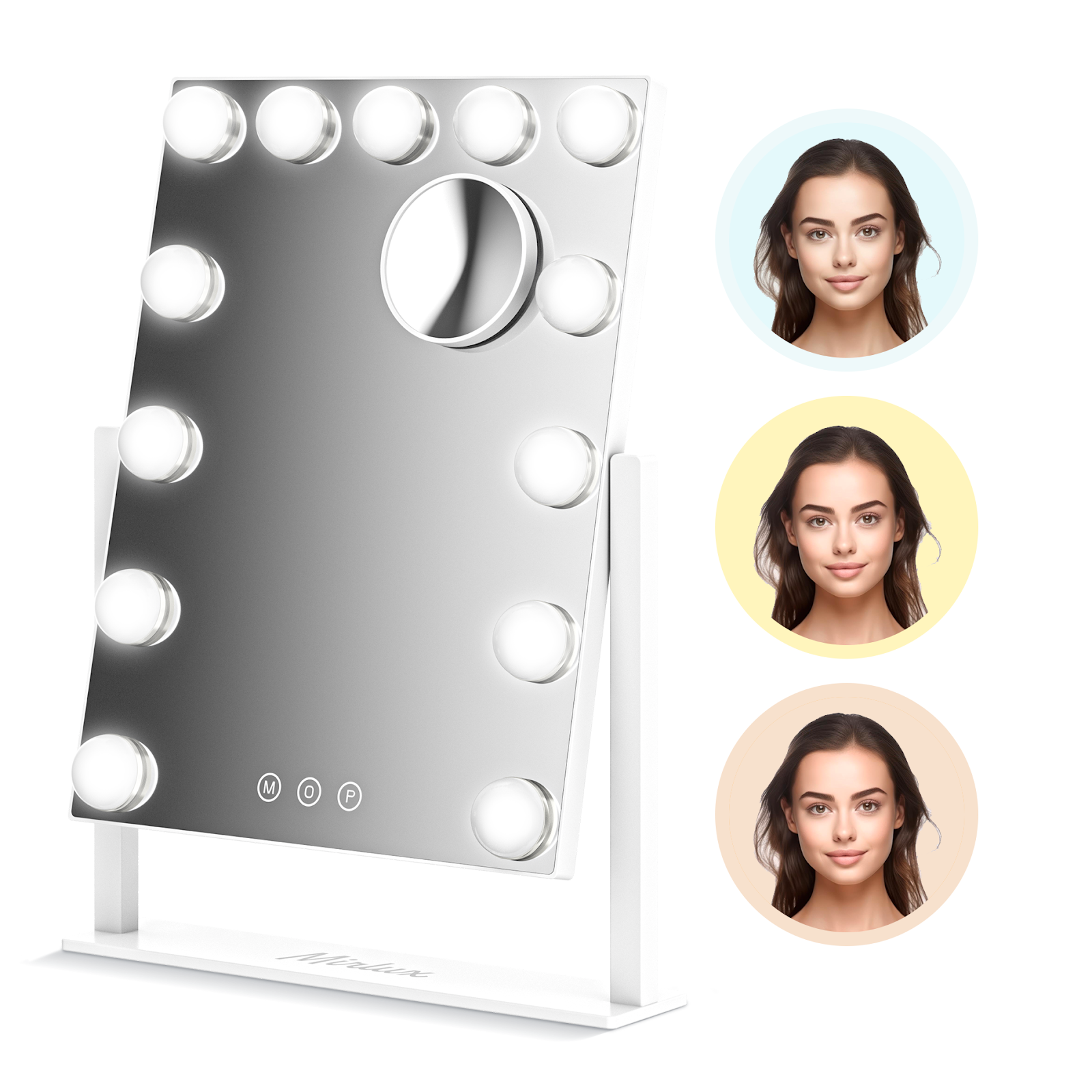 Specchio Trucco LED Hollywood 58x45 Cm – 3 Colori E Luminosità Regolabile, USB, CRI >95, Specchietto Ingranditore 10x Incluso – Bianco, 15 LED - 3