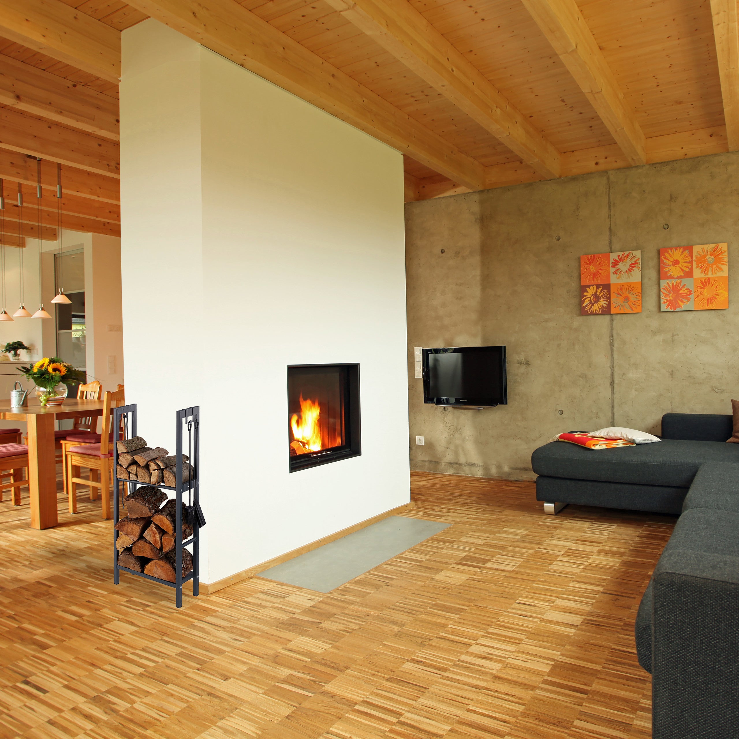 Relaxdays Etagère Cheminée 100x40x30 cm étagère à bûches 2 niveaux bois porte-bûches range buche 4 crochets, anthracite - 2