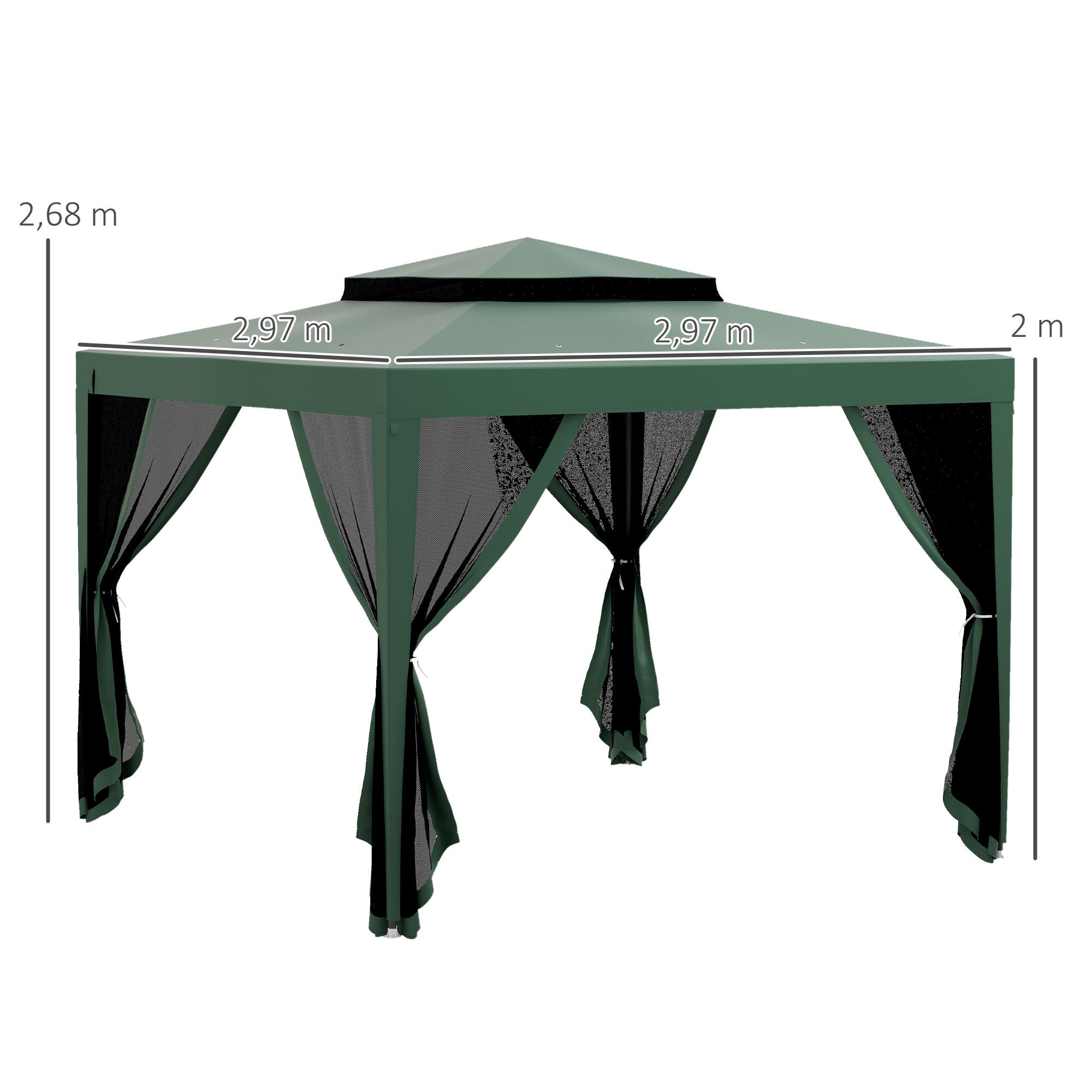 Carpa de jardín con 4 mosquiteras Outsunny 297x297x268 cm verde - 3