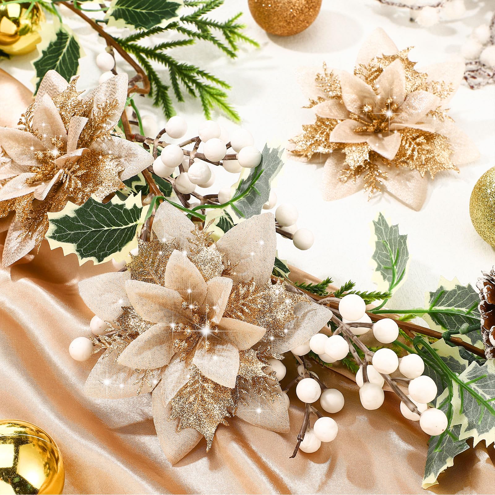 Lot de 10 décorations de Noël, fleurs artificielles scintillantes avec clips, décorations pour sapin de Noël, pendentifs de fleurs artificielles - 6