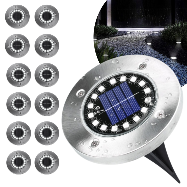 Zestaw 12x Gruntowa Lampka Solarna Ogrodowa Wbijana 16 LED, Najazdowa Wodoodporna