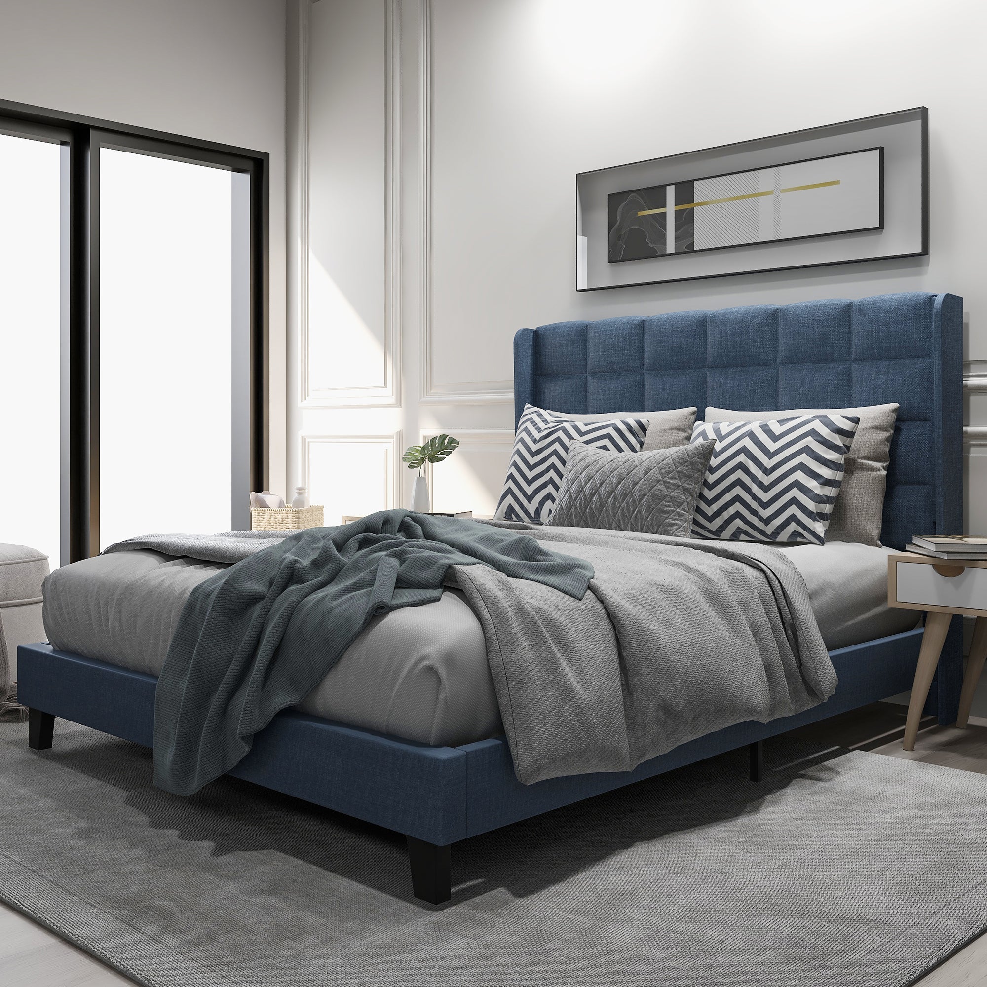 Cama estofada para adulto com cabeceira - 140 x 200 cm - tecido de linho - azul - 4