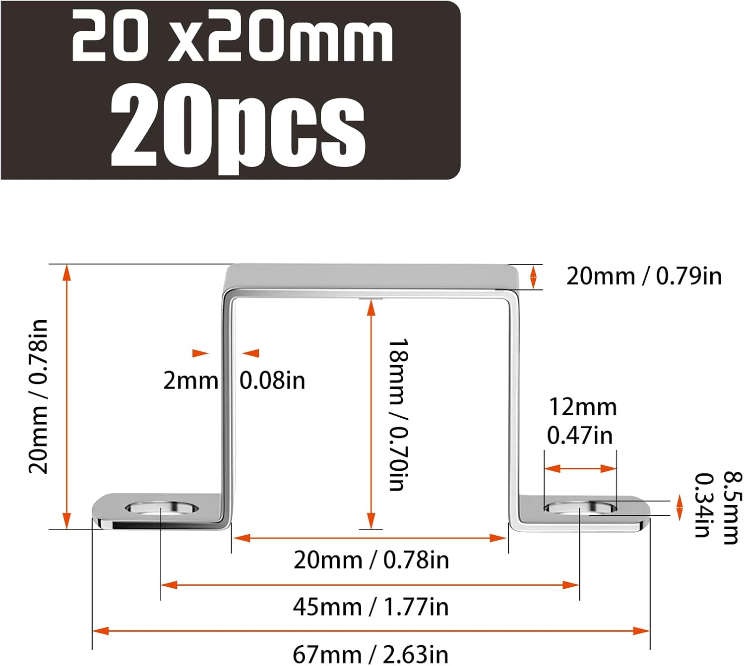 20 Pièces Colliers De Serrage Carrés 20x20 mm Supports de Connecteur en Forme de U Collier Serrage Carre en Acier Inoxydable 304 Support carré en U - 2
