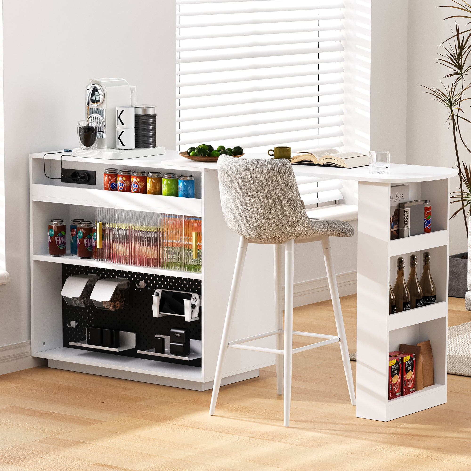 Meuble de bar de cuisine extensible - et rotation à 360° - avec prise - avec espace de rangement et éclairage LED - avec étagères latérales - Blanc - 2