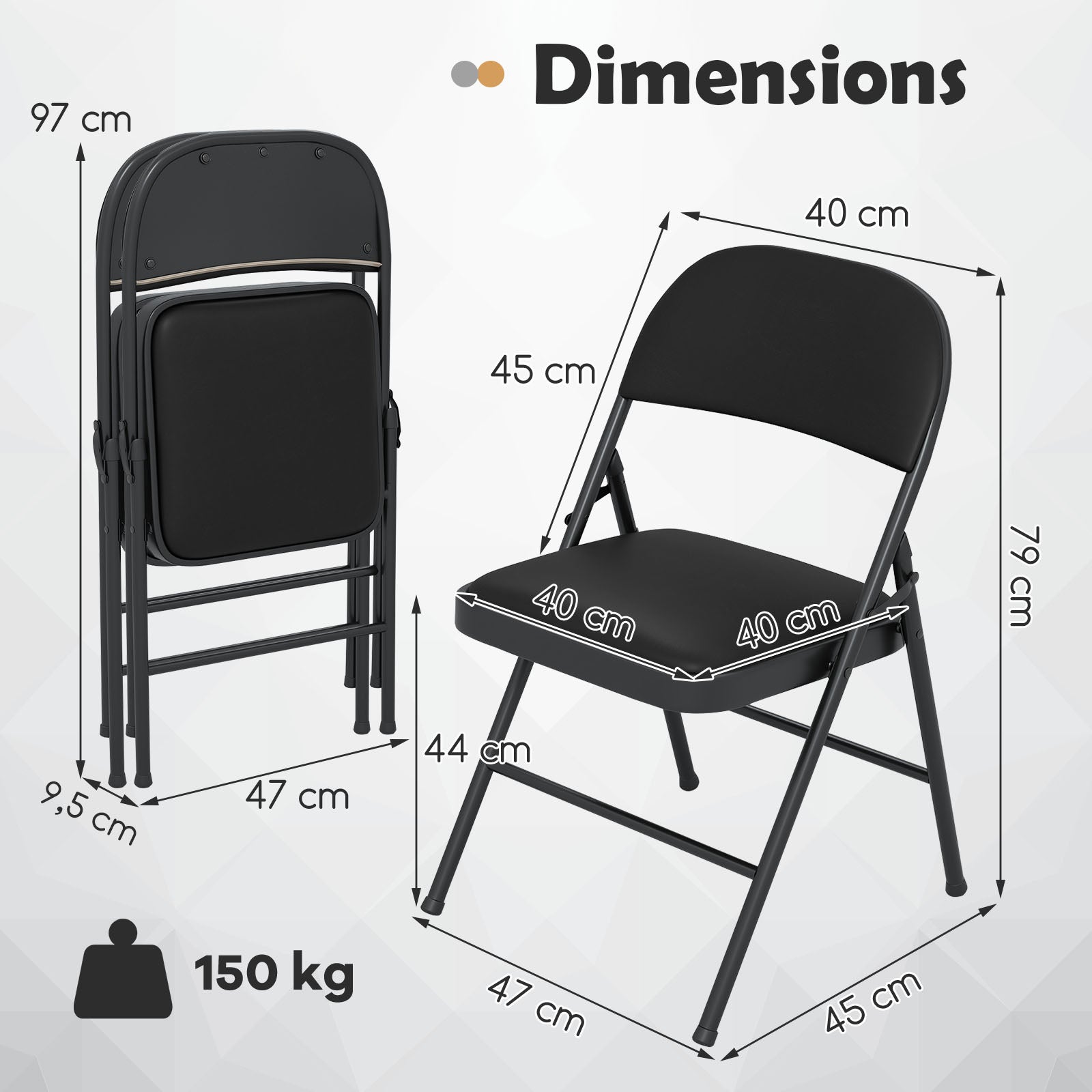 Zestaw 2 składanych krzeseł tapicerowanych z metalową ramą, krzesła sztaplowane, nośność 150 kg, do restauracjach, szkołach, czarny - 5