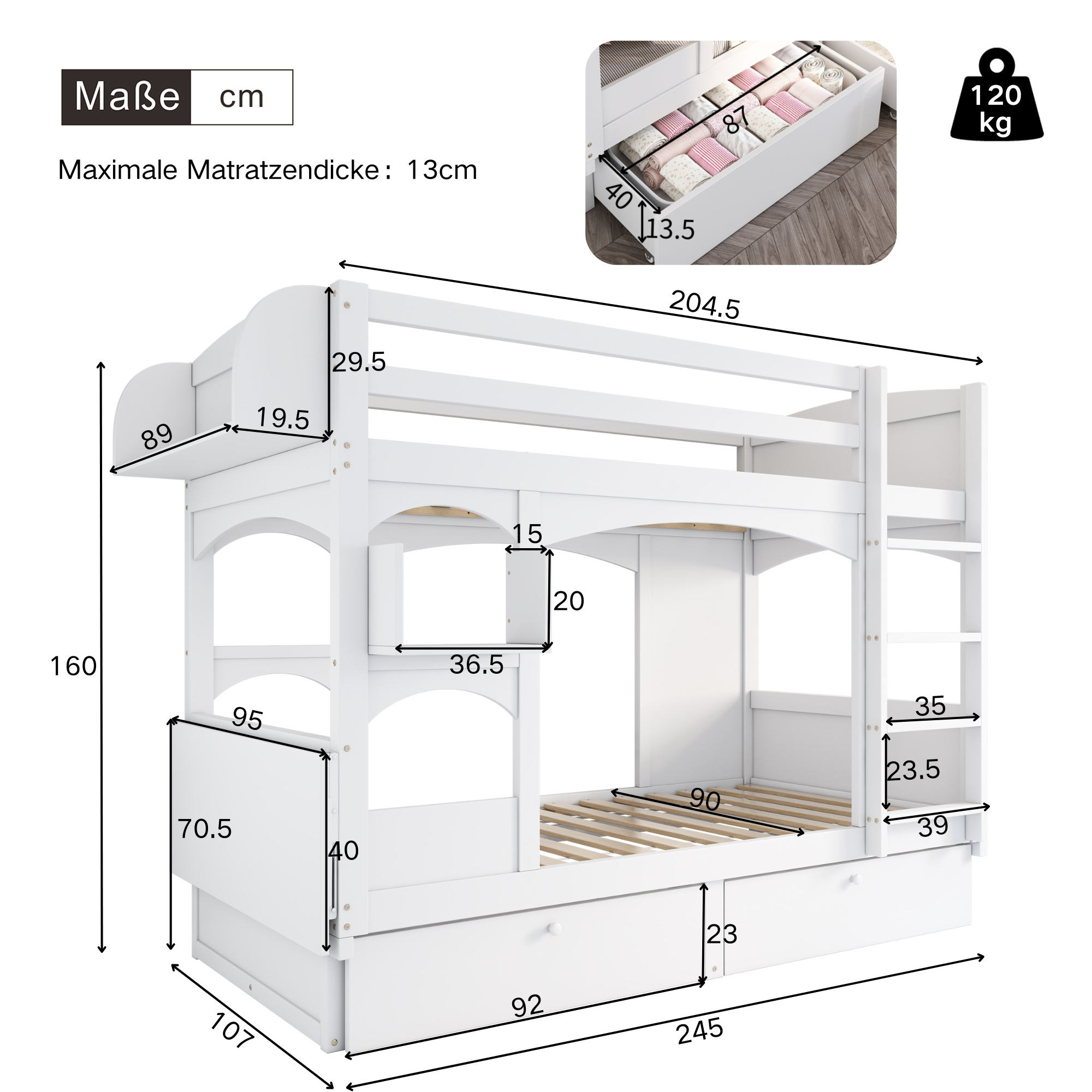 Lit superposé enfant multifonction 90x200 cm avec bureau rabattable et étagère,Échelle,2 tiroirs de rangement,blanc(sans matelas) - 5
