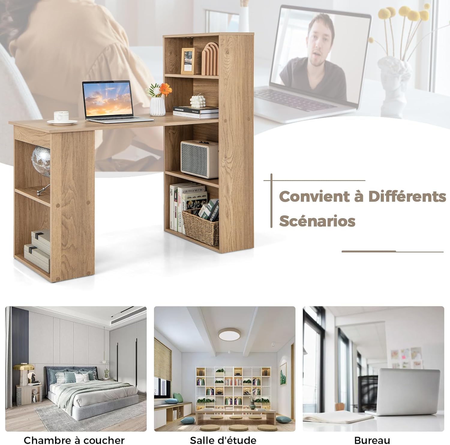 Bureau d'Ordinateur Réversible avec Bibliothèque,Assemblage Facile, pour Maison, Bureaux (Naturel) - 8