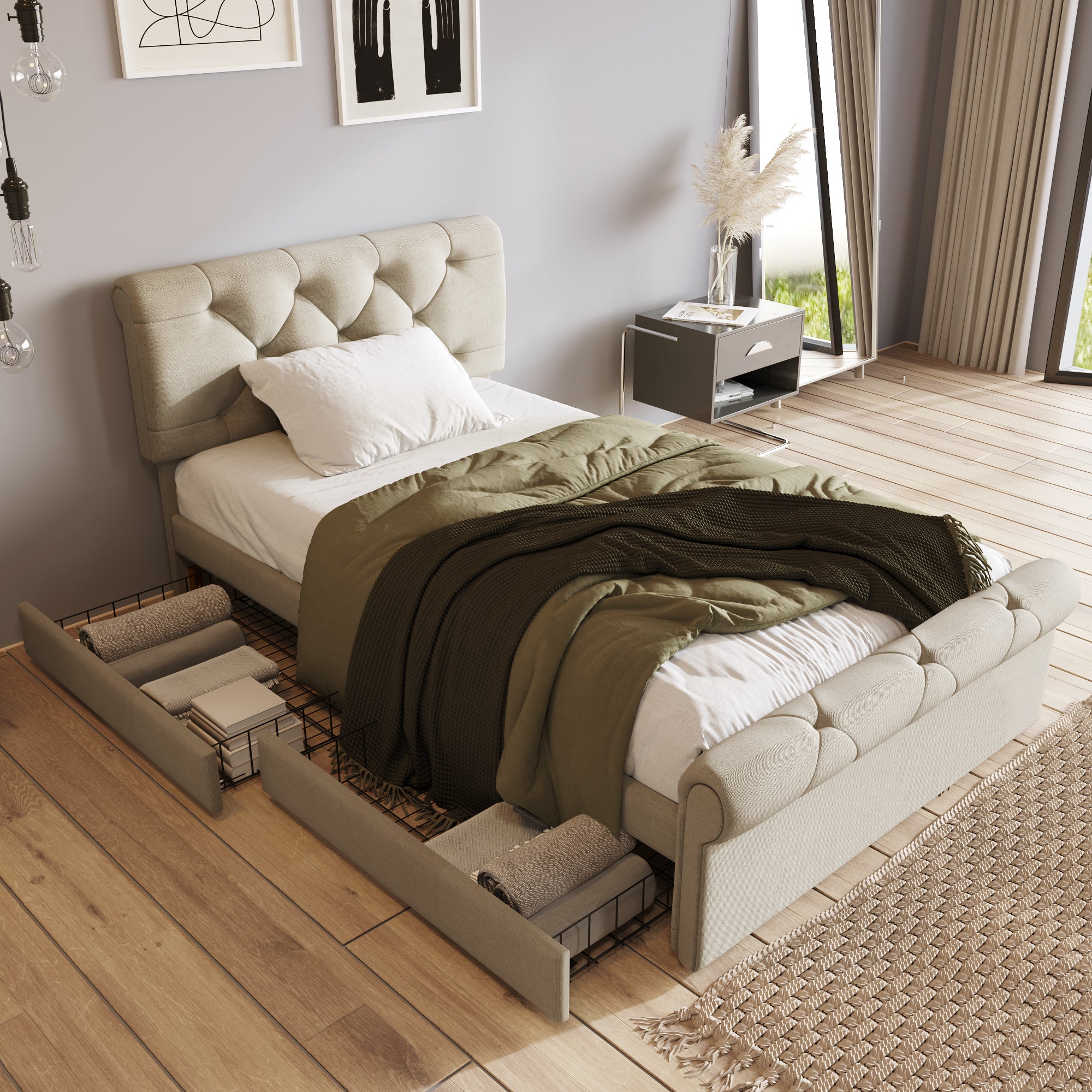 Cadre de lit avec 2 tiroirs, lit simple rembourré 90x200cm, tête de lit réglable en hauteur, lit fonctionnel Chesterfield, bien sûr, sans matelas - 2