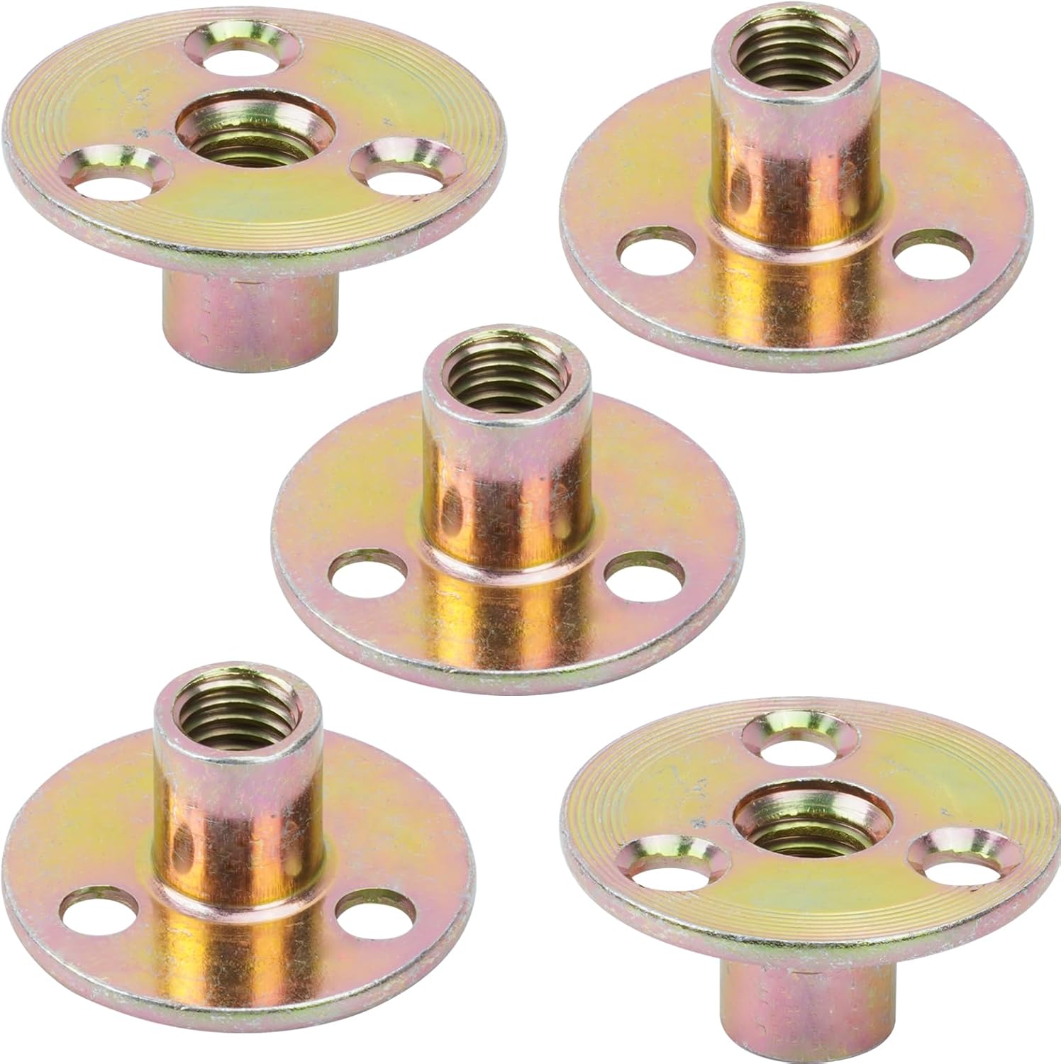 Set di 5 dadi flangiati a 3 fori, dadi a T M10, dadi a T a 3 fori, dadi a T in acciaio al carbonio con base rotonda per il fissaggio - 3