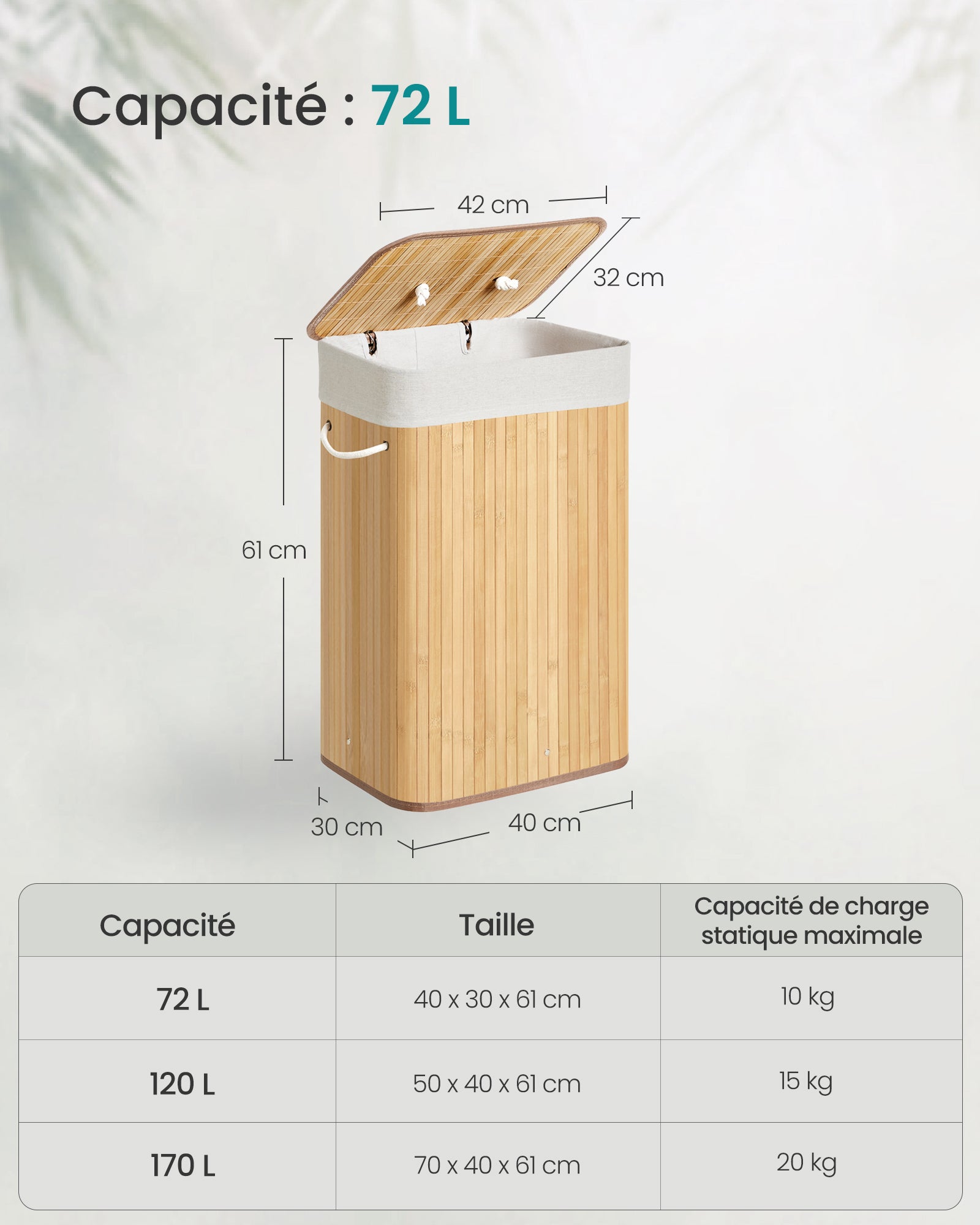 Corbeille À Linge, Panier À Linge En Bambou Pliable, Rectangulaire, Avec Sac Amovible Lavable - 6